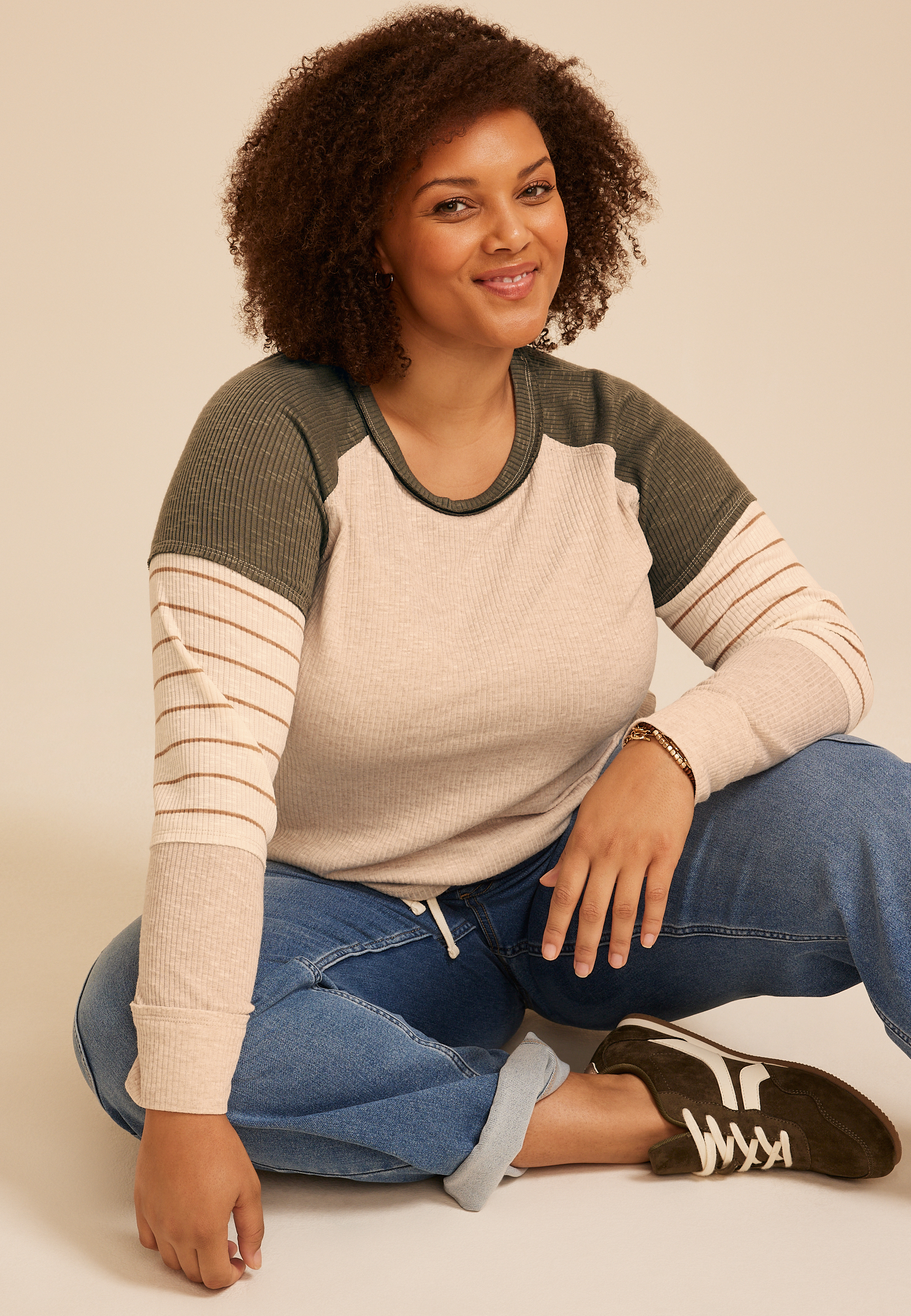 Plus Size Colorblock Ribbed Striped Sleeve Raglan Tee, C1008, large