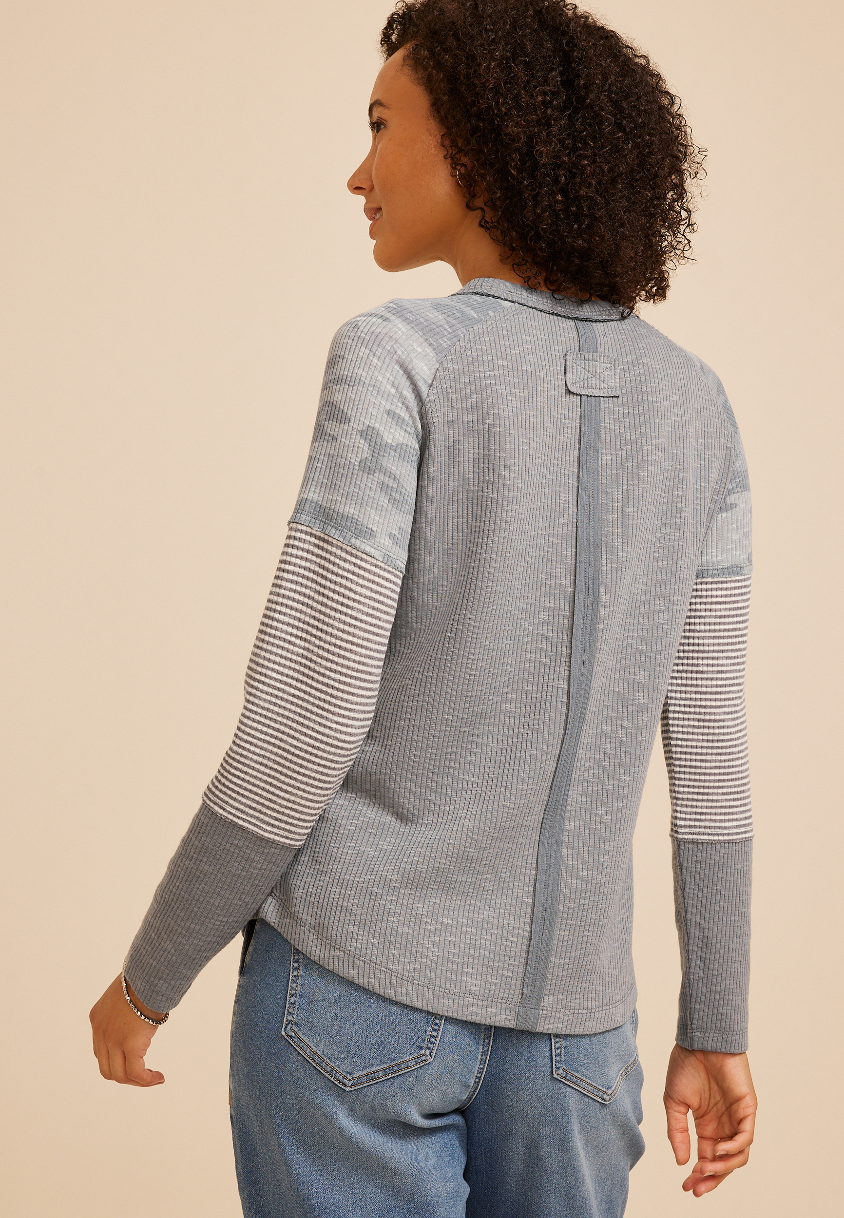 Camo Colorblock Ribbed Long Sleeve Tee, C1755, large