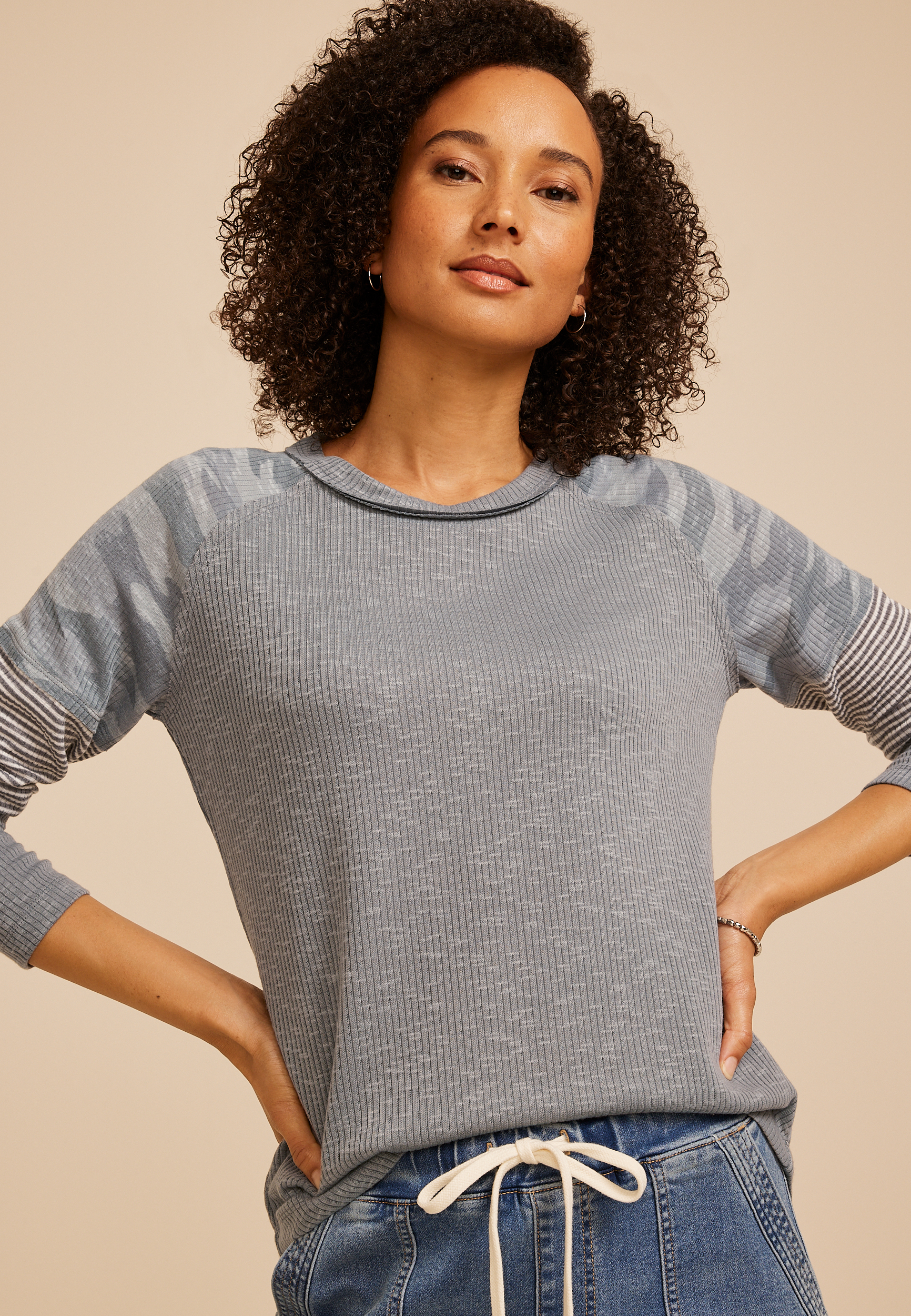 Camo Colorblock Ribbed Long Sleeve Tee, C1755, large