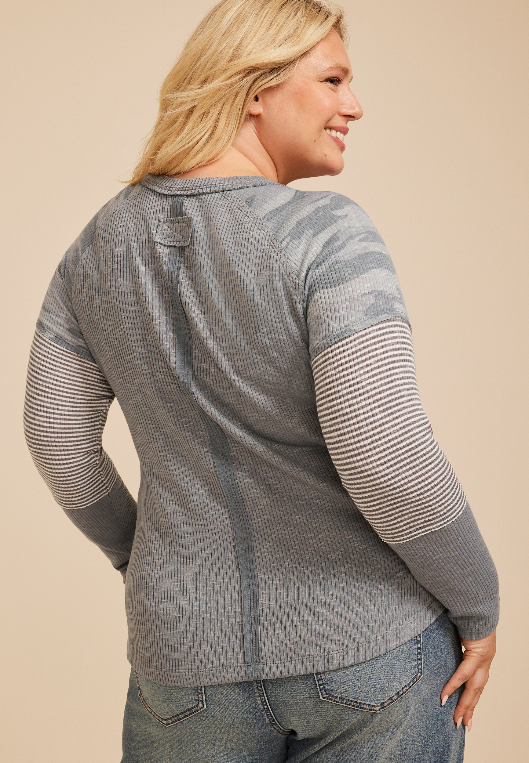 Plus Size Camo Colorblock Ribbed Long Sleeve Tee, C1755, large