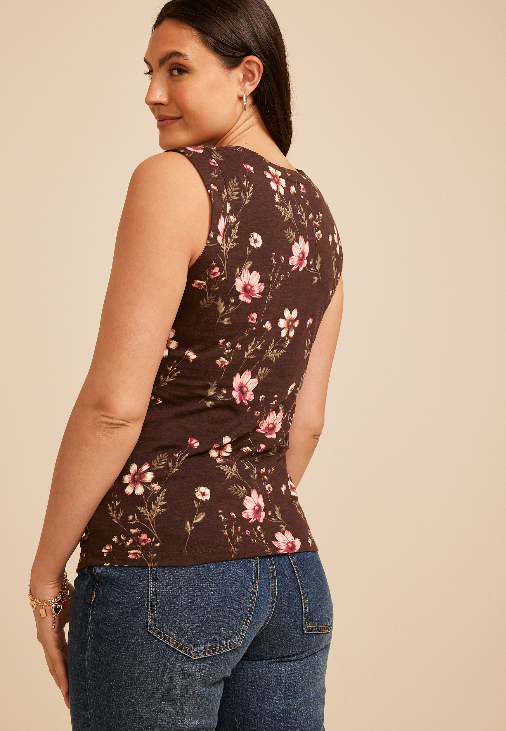 Floral Cinch Front Notch Neck Tank Top, C1635, large