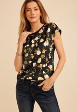 Floral Mixed Media Satin Front Short Sleeve Top, C1524, small