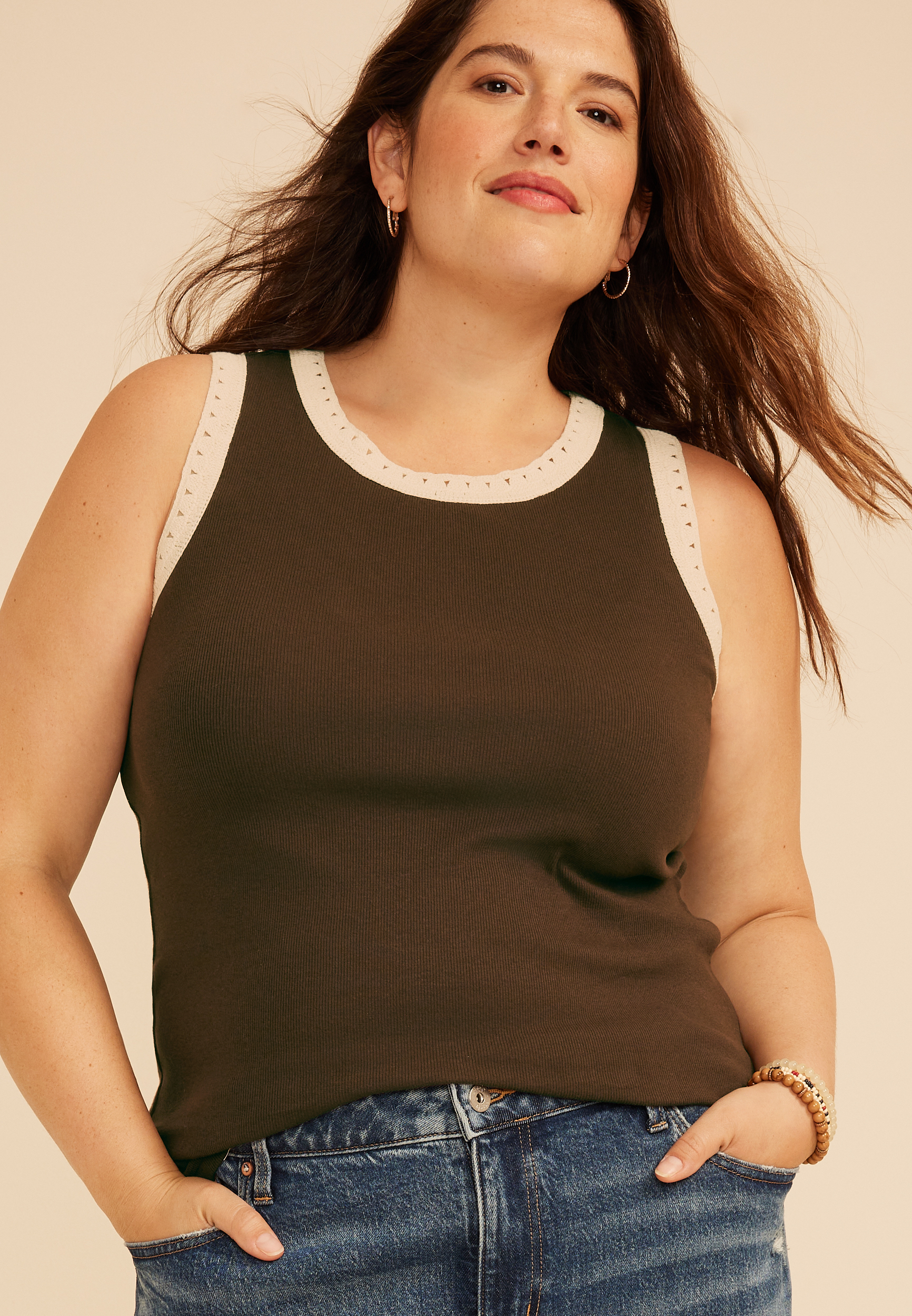 Plus Size Crochet Trim Rib Knit Tank Top