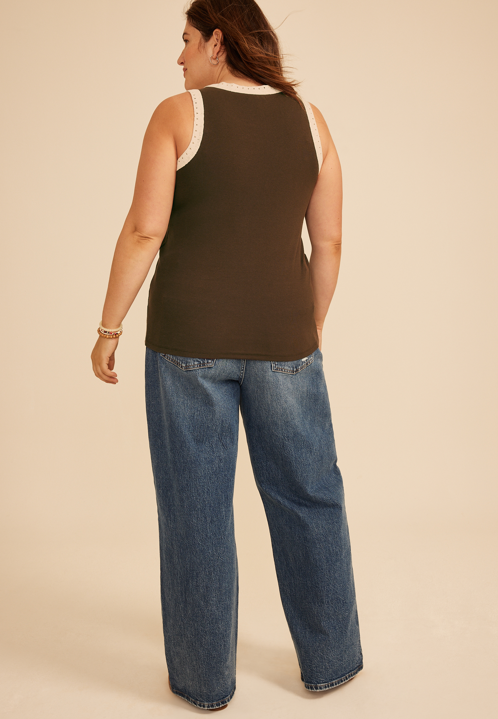 Plus Size Crochet Trim Rib Knit Tank Top, COFFEE BEAN, large