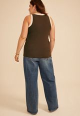 Plus Size Crochet Trim Rib Knit Tank Top, COFFEE BEAN, small