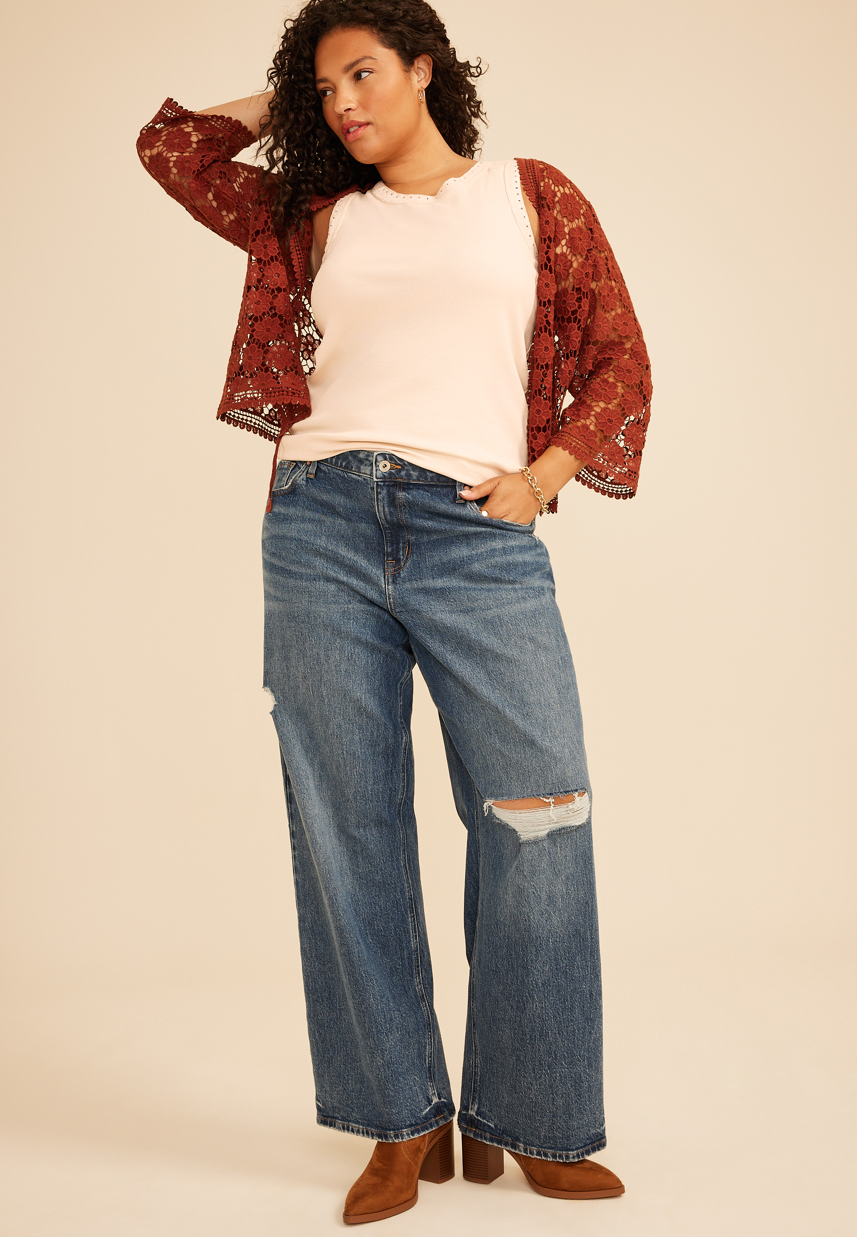 Plus Size Crochet Trim Rib Knit Tank Top