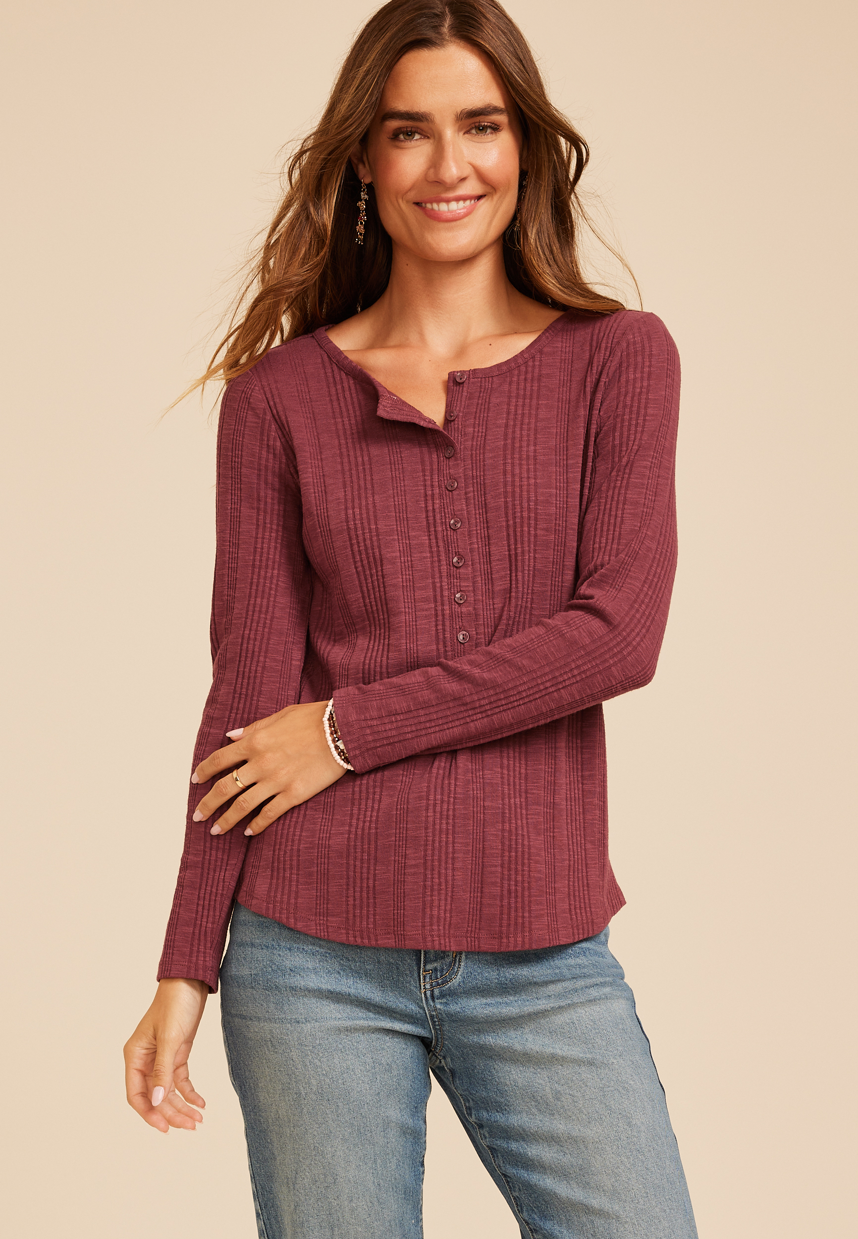 Variegated Rib Henley Long Sleeve Top