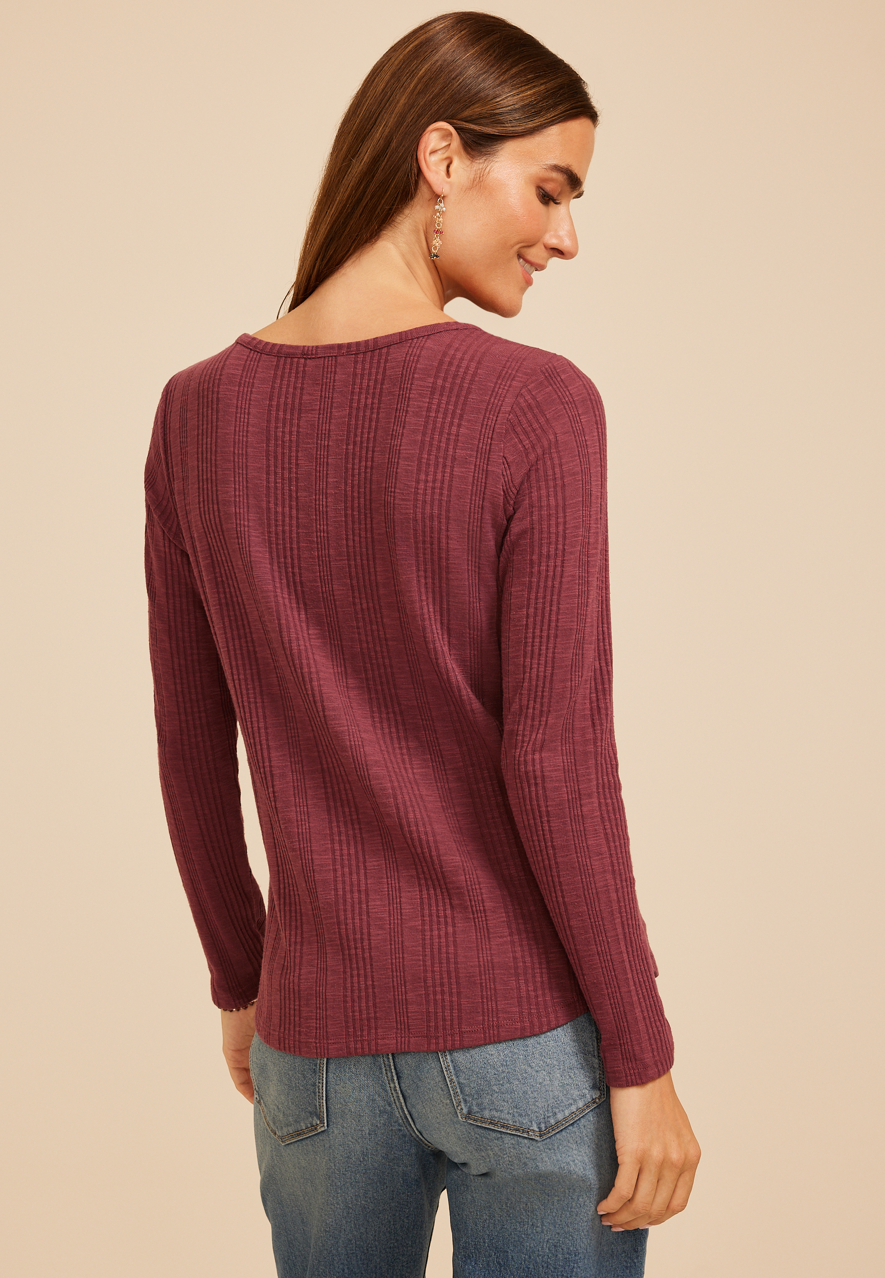 Variegated Rib Henley Long Sleeve Top, C5221, large