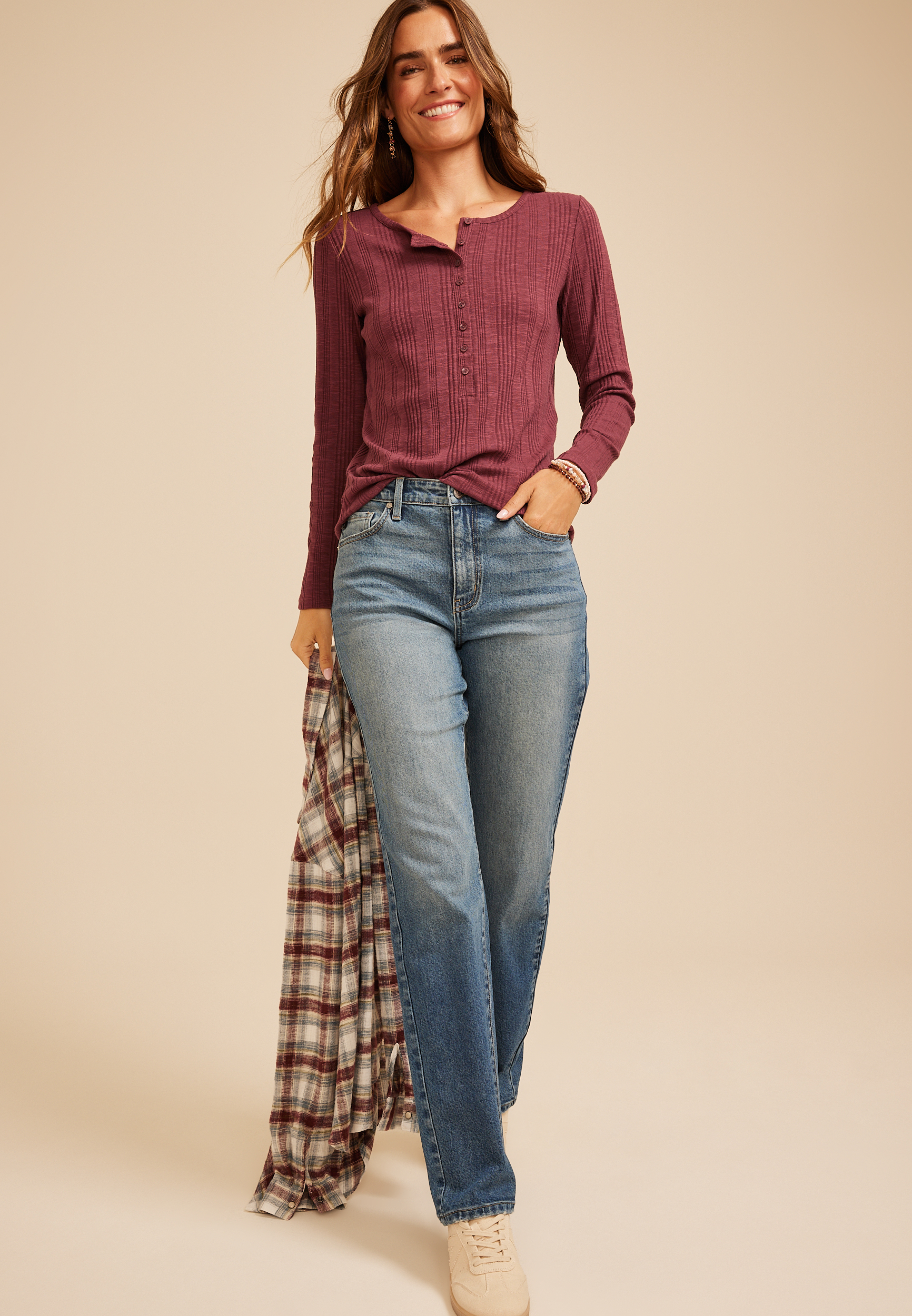 Variegated Rib Henley Long Sleeve Top, C5221, large