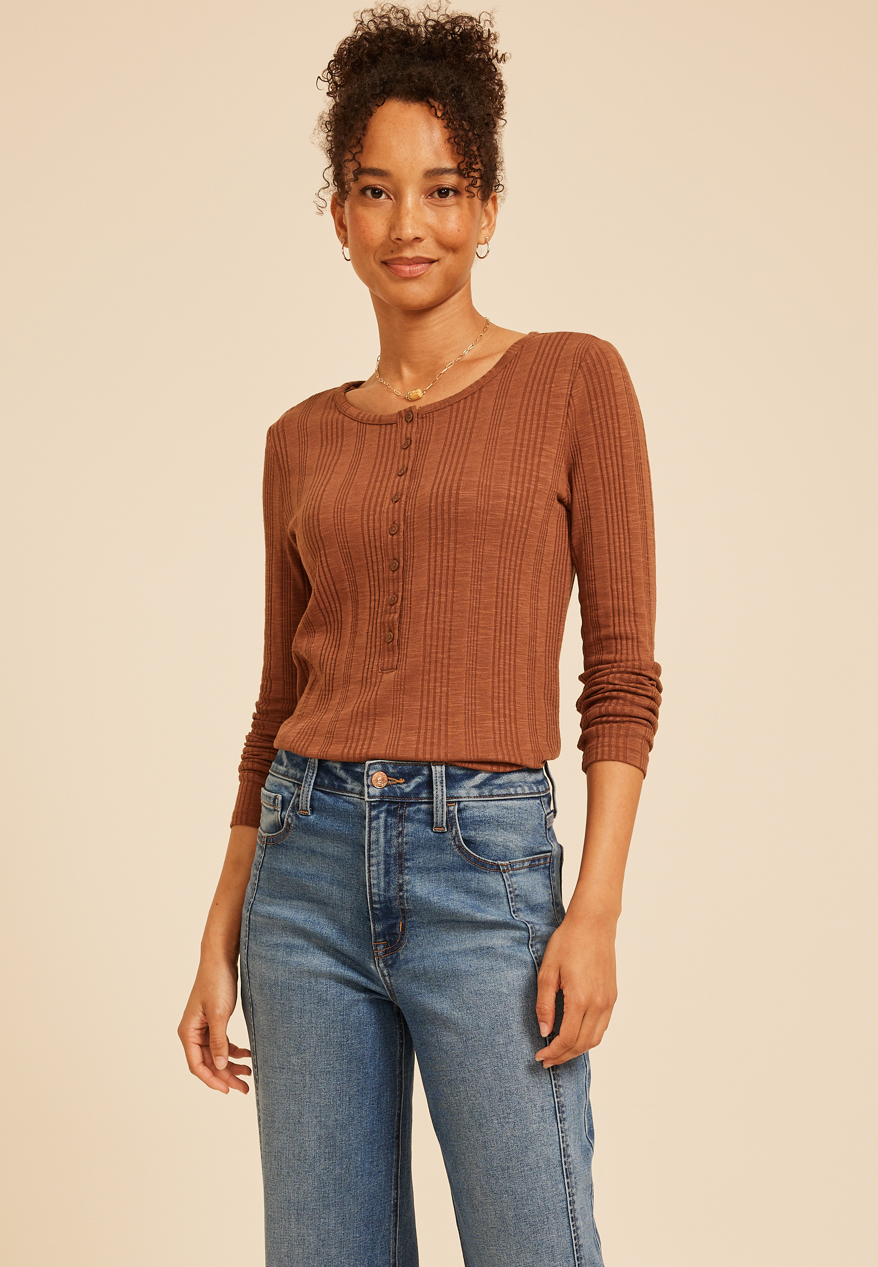 Variegated Rib Henley Long Sleeve Top