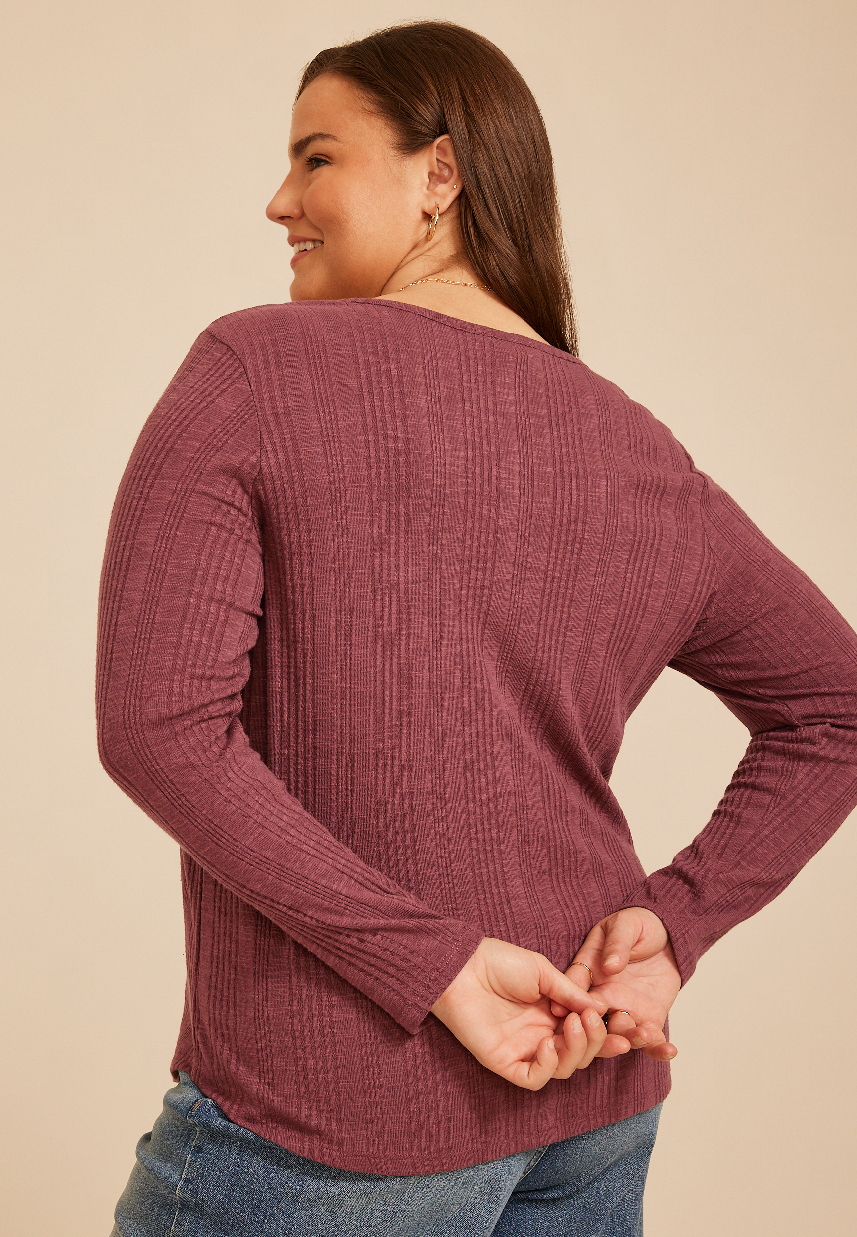 Plus Size Variegated Rib Henley Long Sleeve Top, C5221, large