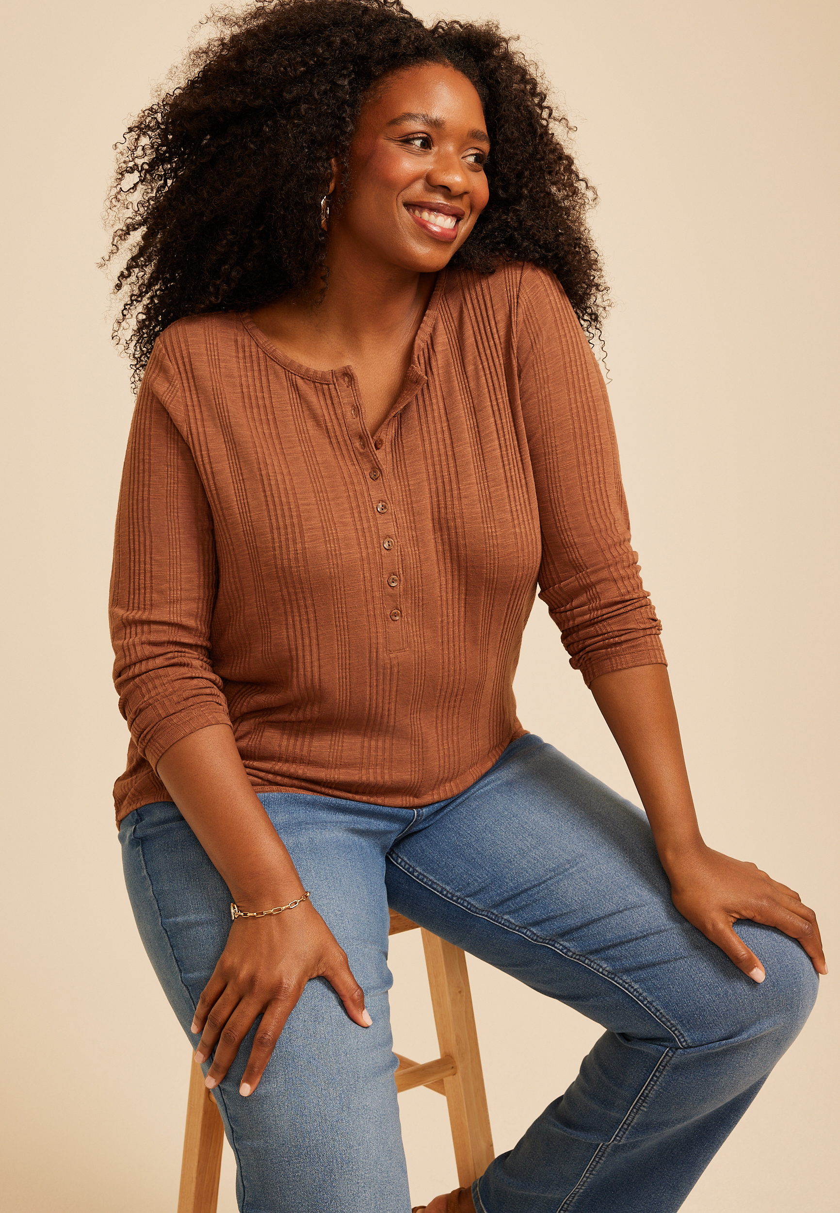 Plus Size Variegated Rib Henley Long Sleeve Top