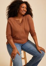 Plus Size Variegated Rib Henley Long Sleeve Top, C7859, small
