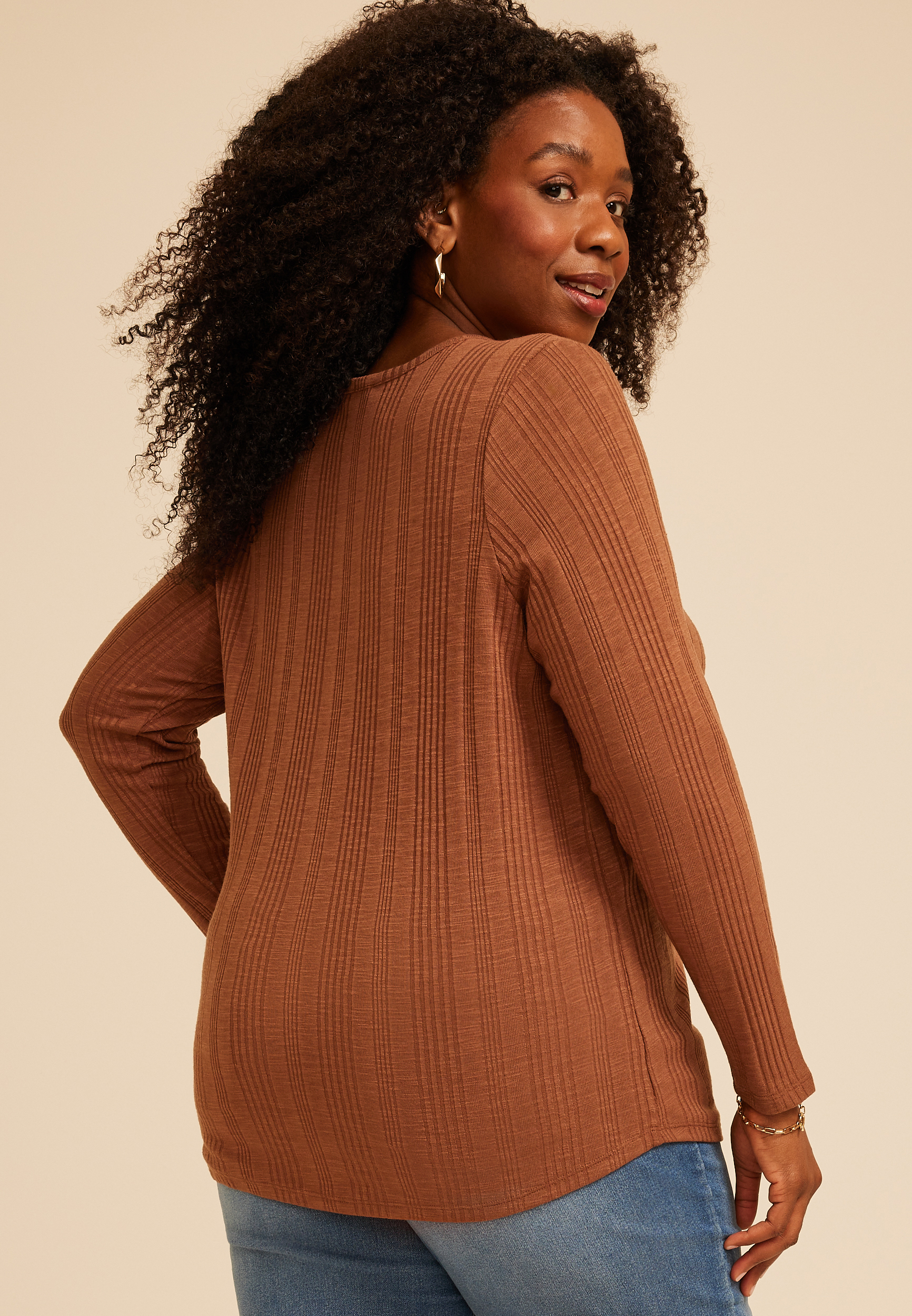 Plus Size Variegated Rib Henley Long Sleeve Top, C7859, large