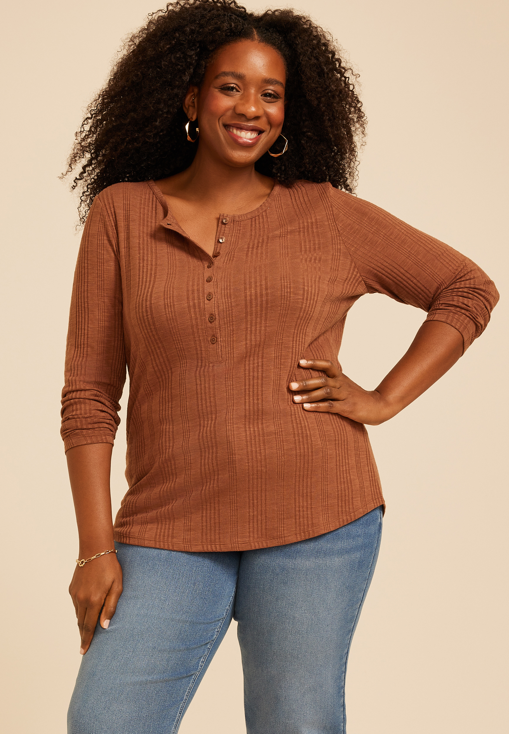 Plus Size Variegated Rib Henley Long Sleeve Top, C7859, large