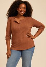 Plus Size Variegated Rib Henley Long Sleeve Top, C7859, small