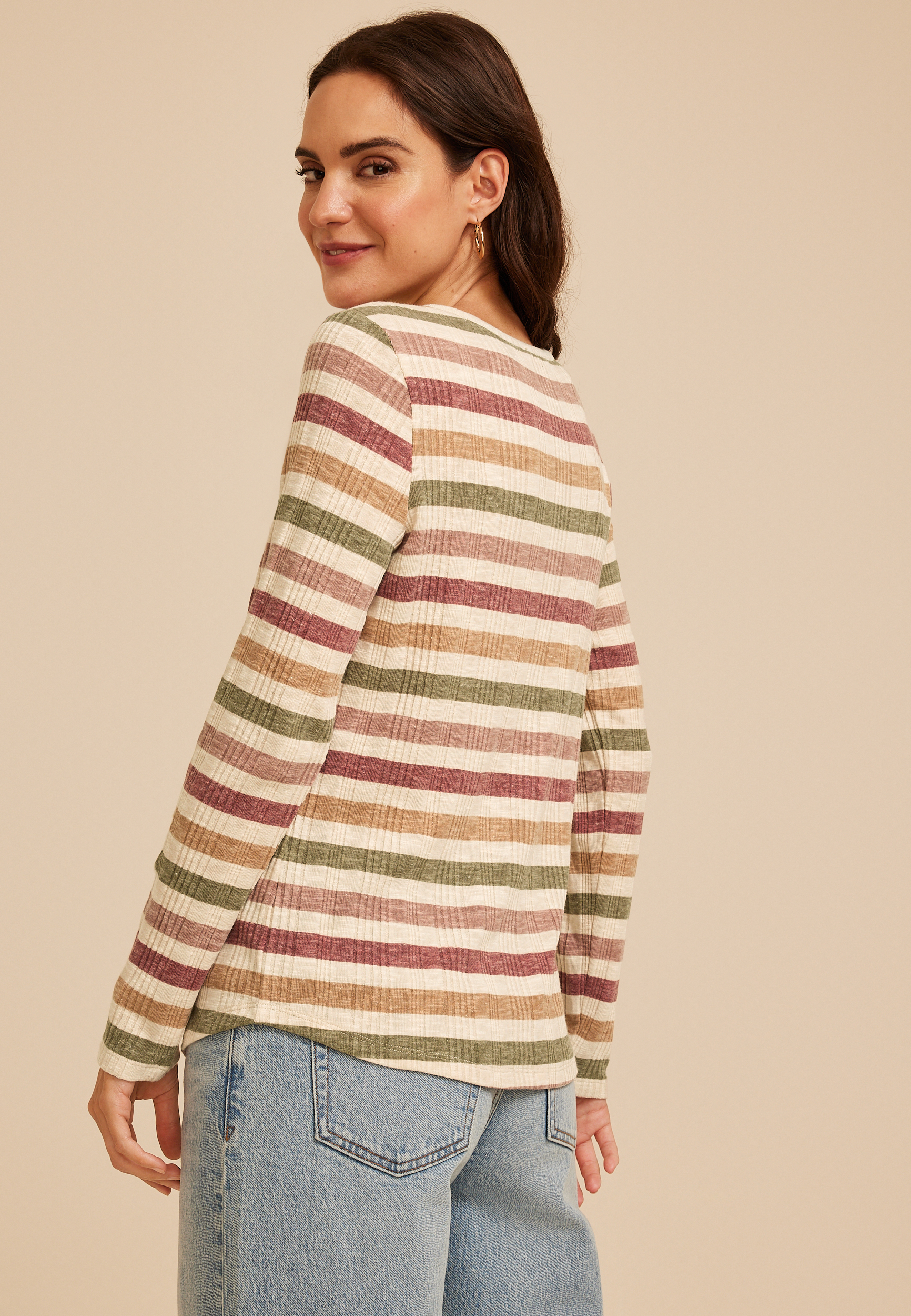 Variegated Striped Rib Henley Long Sleeve Top, C1524, large