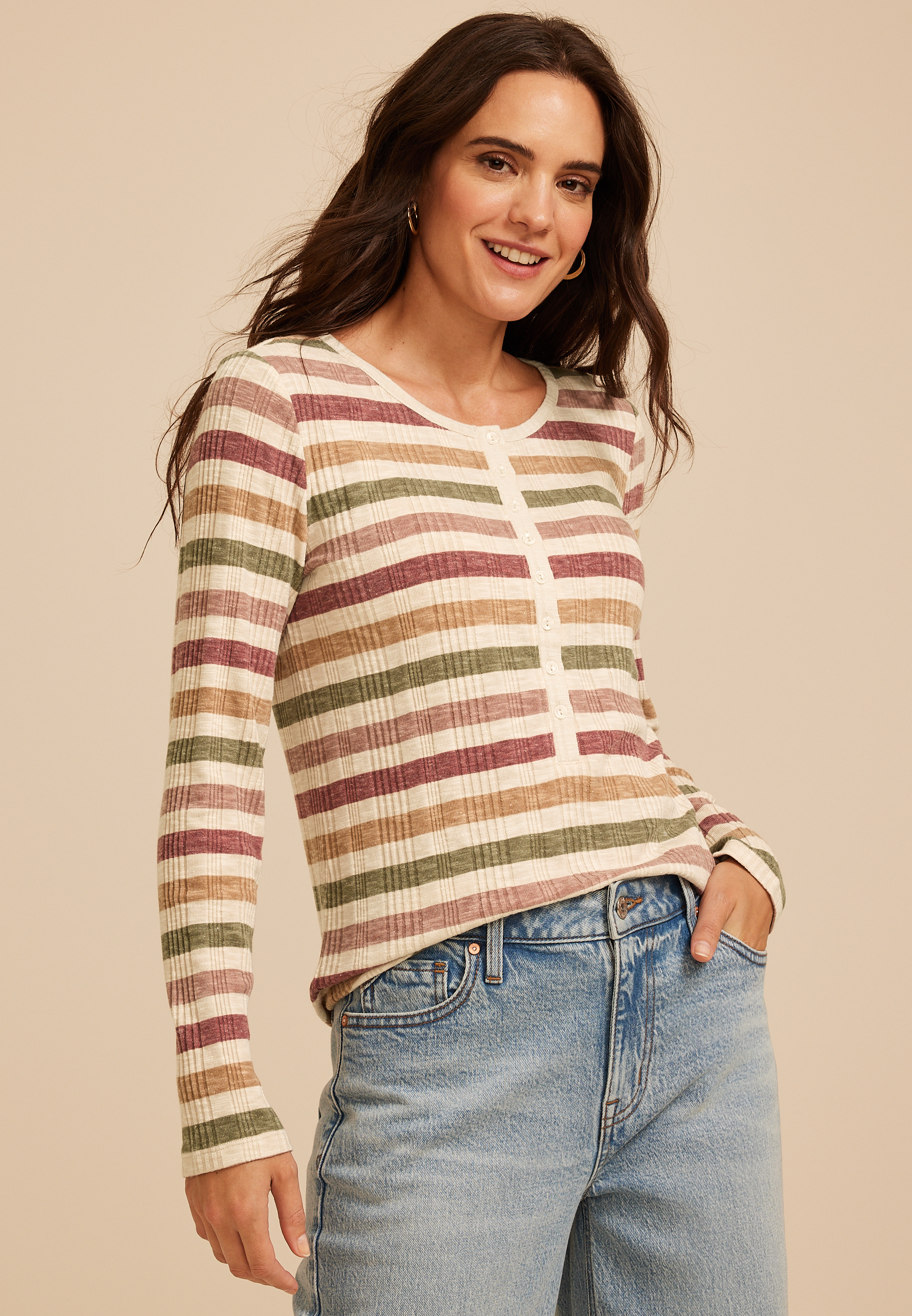 Variegated Striped Rib Henley Long Sleeve Top, C1524, large