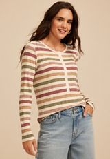 Variegated Striped Rib Henley Long Sleeve Top, C1524, small