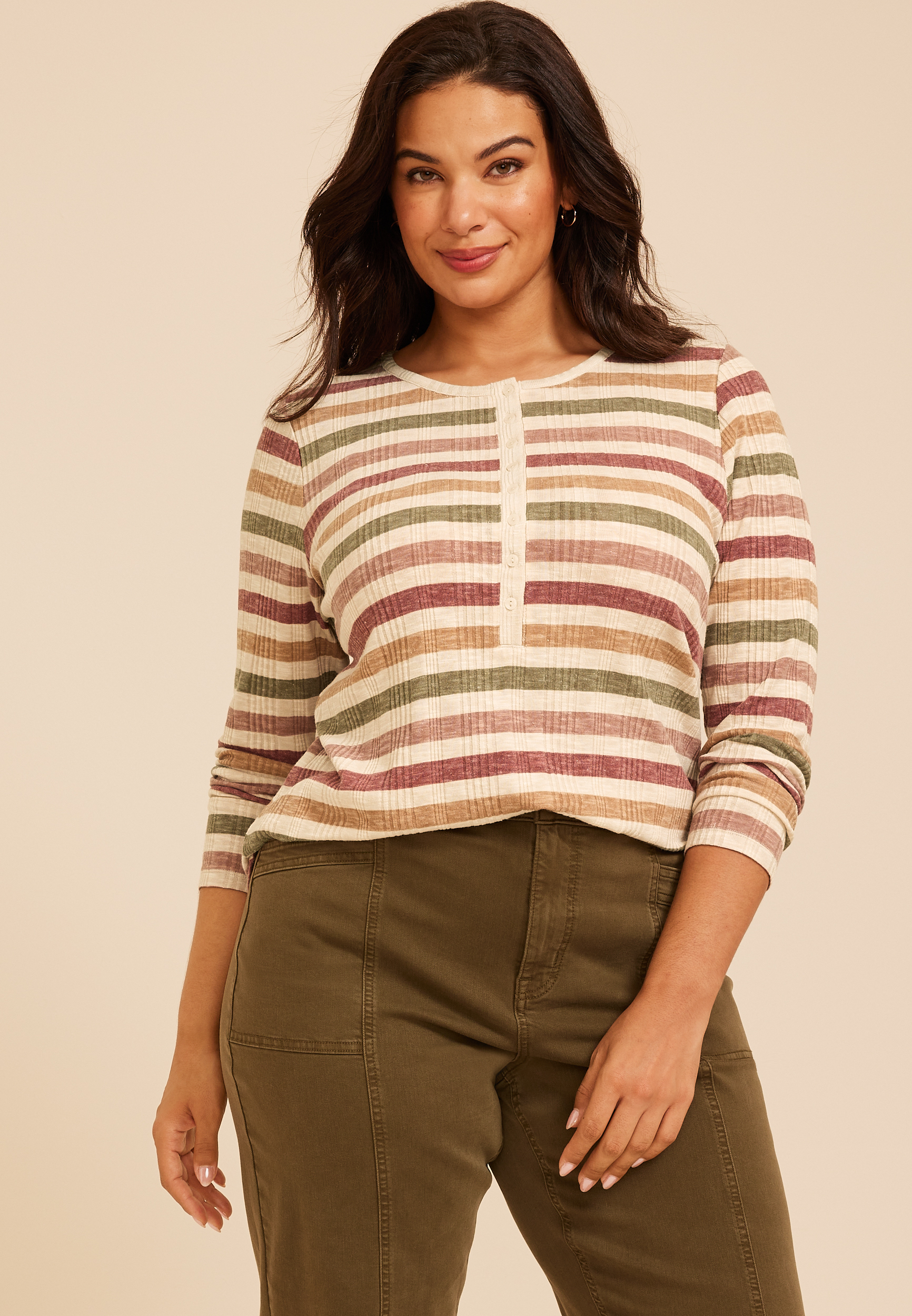 Plus Size Variegated Striped Rib Henley Long Sleeve Top
