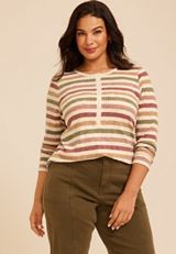 Plus Size Variegated Striped Rib Henley Long Sleeve Top, C1524, small