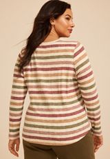 Plus Size Variegated Striped Rib Henley Long Sleeve Top, C1524, small