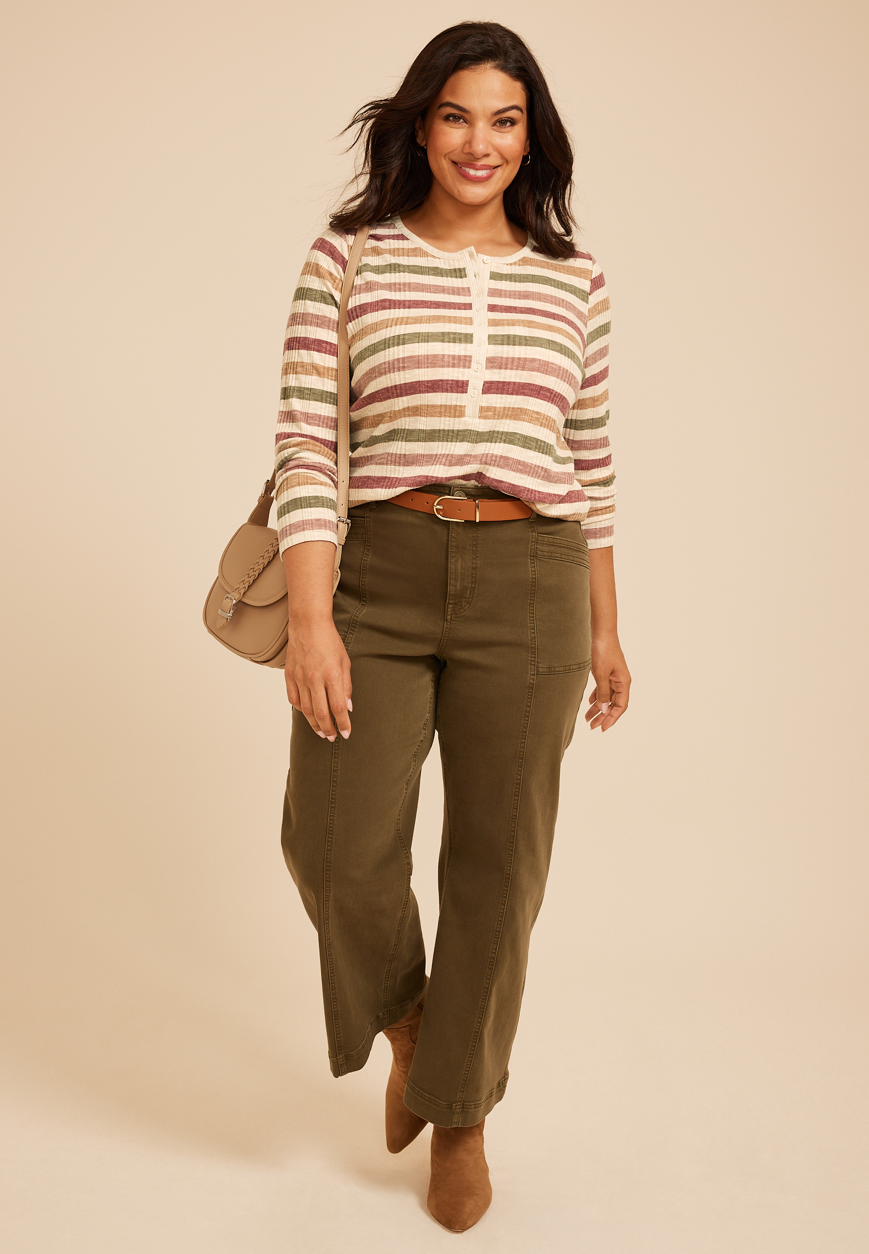 Plus Size Variegated Striped Rib Henley Long Sleeve Top, C1524, large