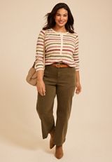 Plus Size Variegated Striped Rib Henley Long Sleeve Top, C1524, small