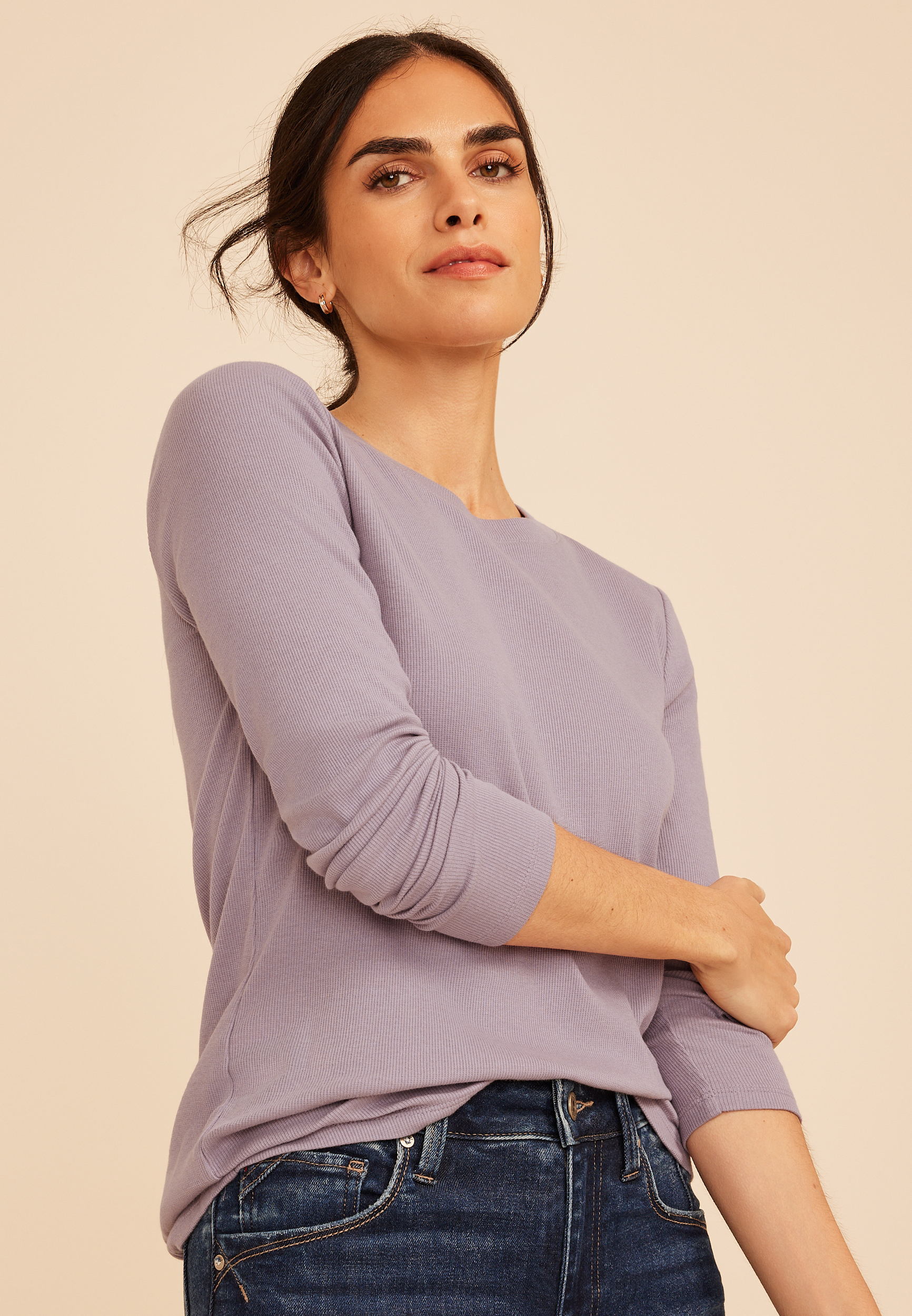 24/7 Ada Ribbed Long Sleeve Tee, LAVENDER GRAY, large