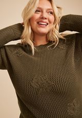 Plus Size Embroidered Leaf Open Stitch Sweater, C5364, small