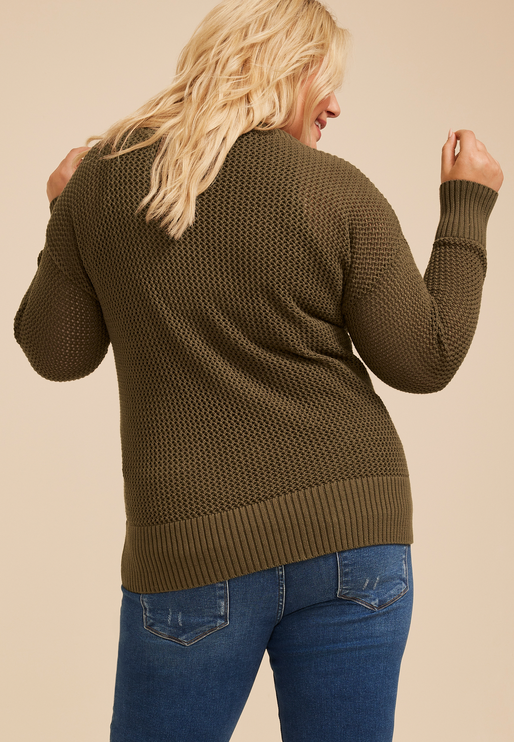 Plus Size Embroidered Leaf Open Stitch Sweater, C5364, large