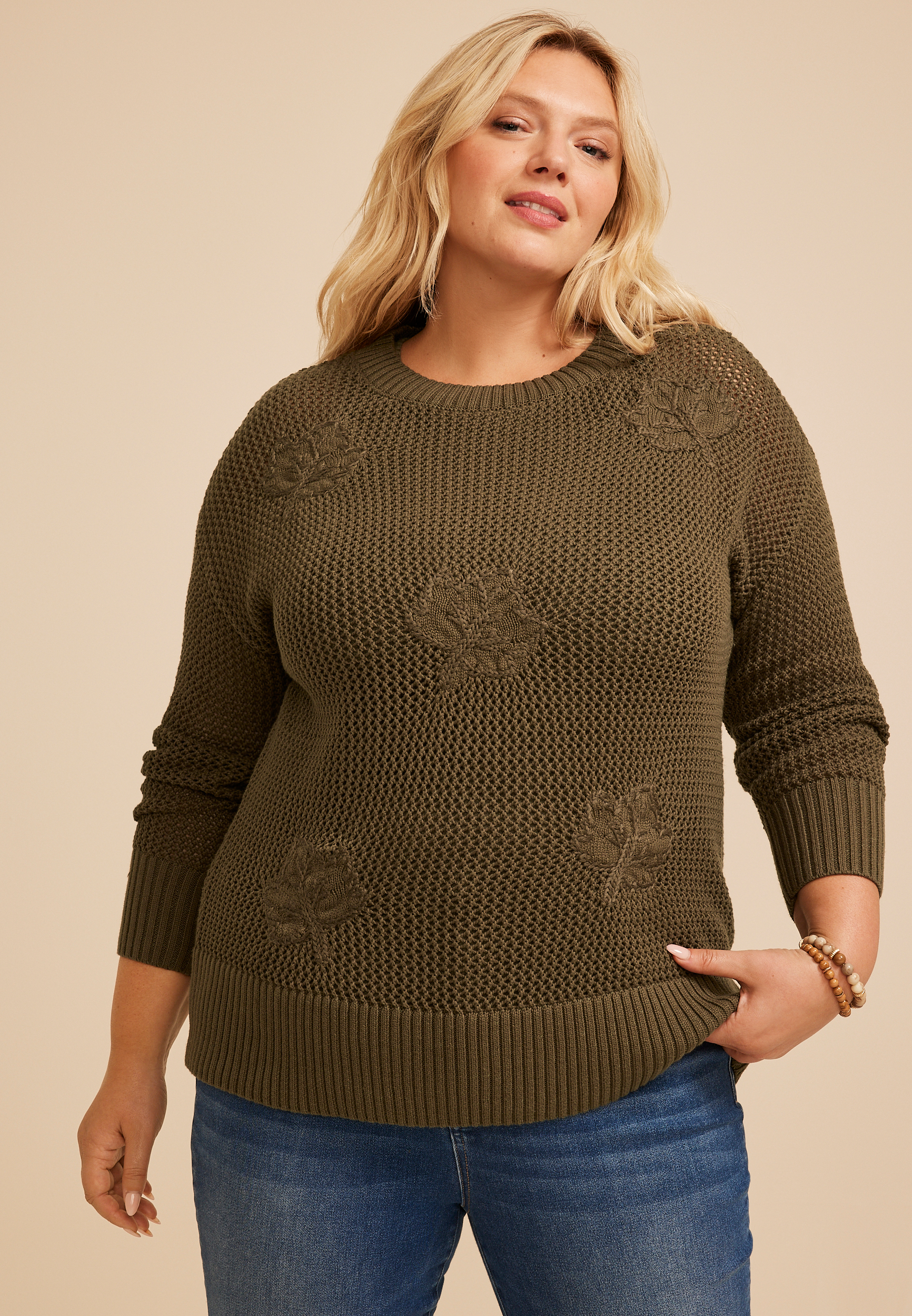 Plus Size Embroidered Leaf Open Stitch Sweater, C5364, large