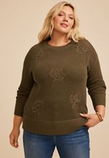 Plus Size Embroidered Leaf Open Stitch Sweater, C5364, small