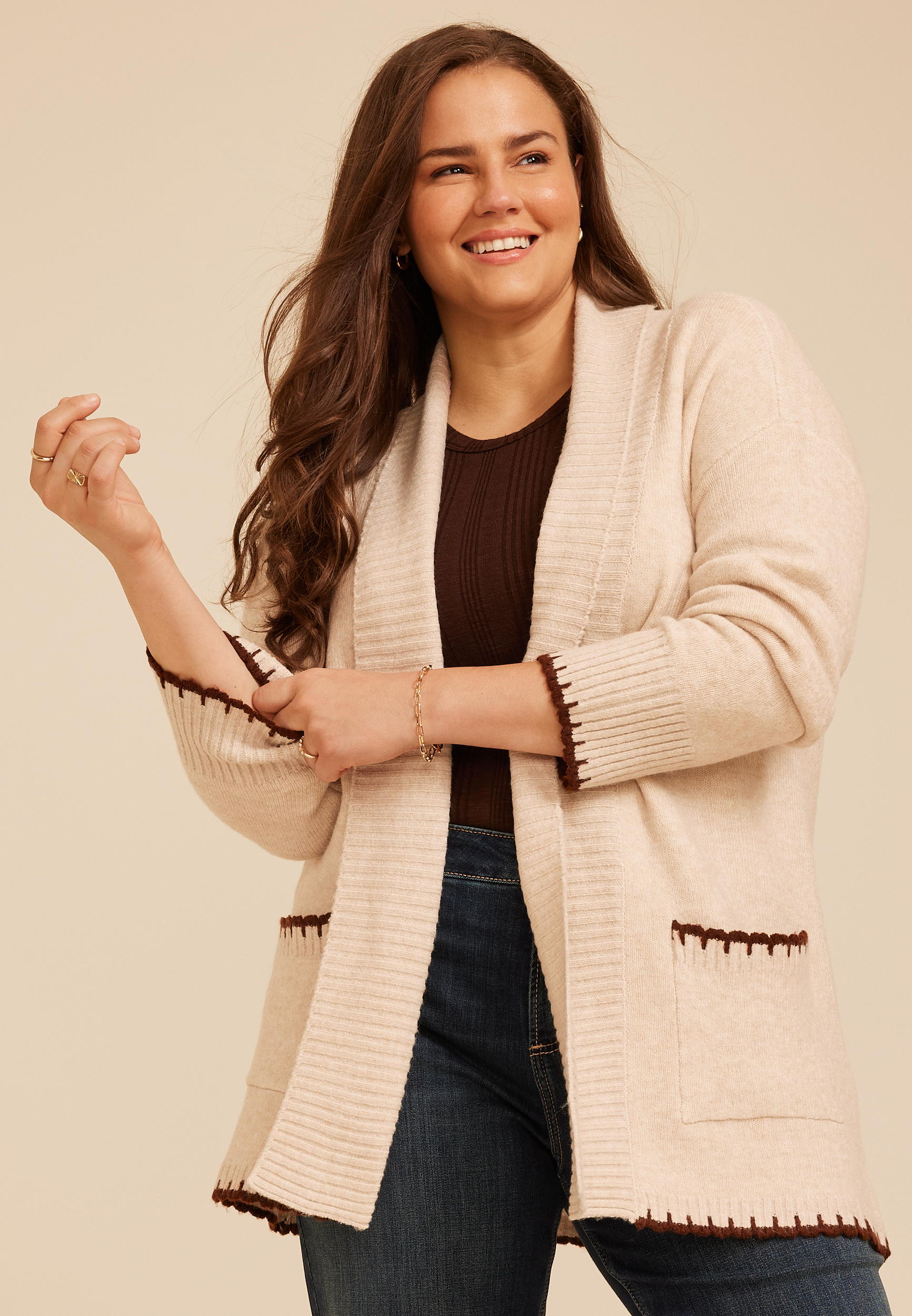 Plus Size Whipstitch Trim Shawl Collar Cardigan, C1246, large