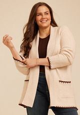 Plus Size Whipstitch Trim Shawl Collar Cardigan, C1246, small