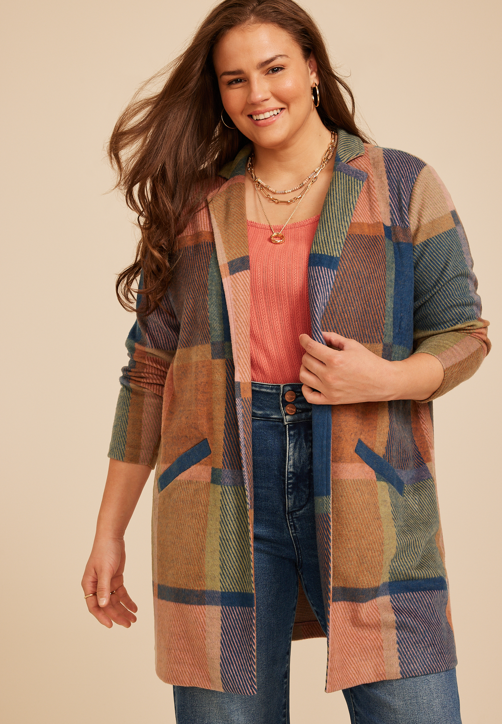 Plus Size Plaid Longline Blazer, C1524, large