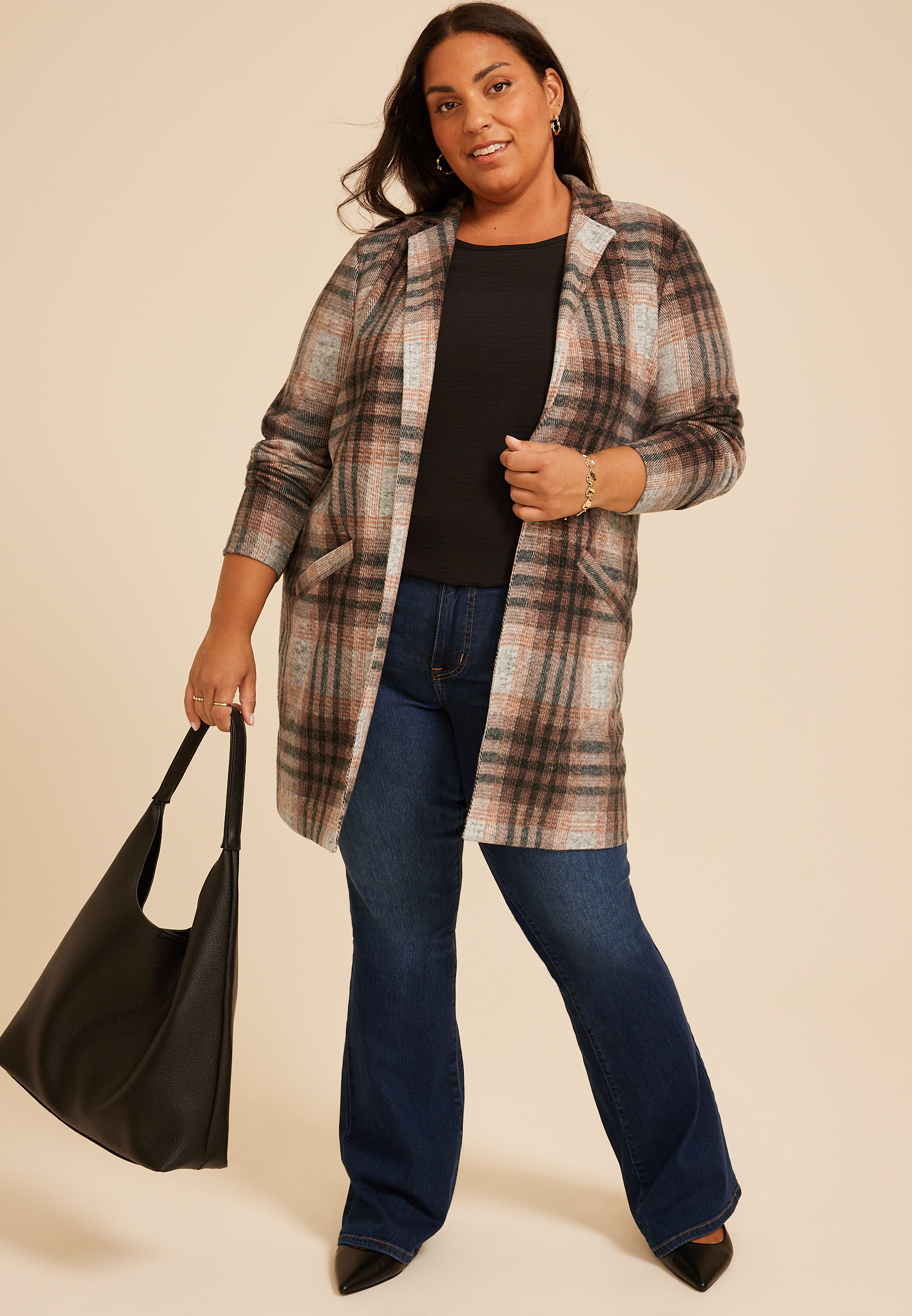 Plus Size Plaid Longline Blazer, C1756, large