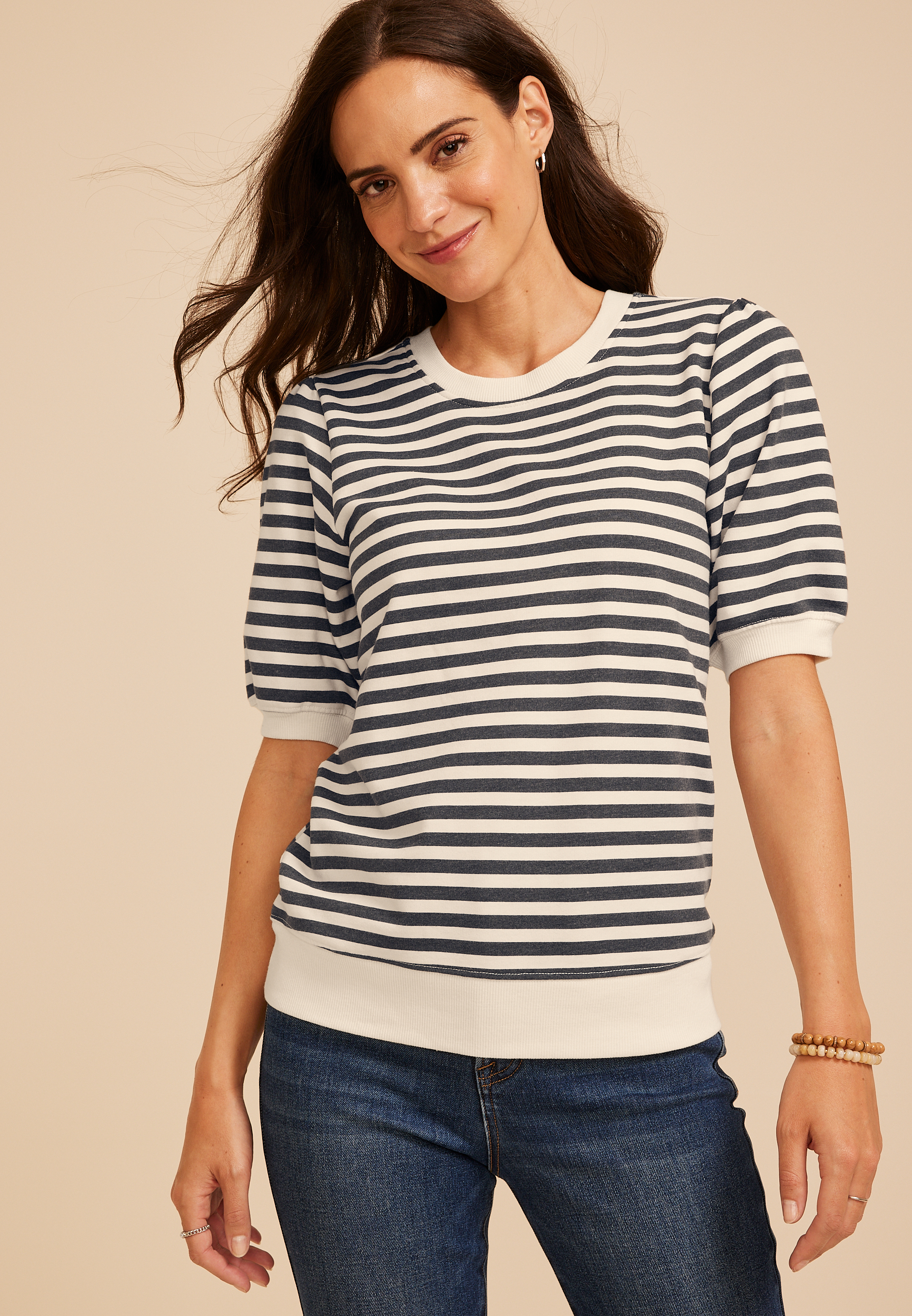 French Terry Striped Puff Sleeve Top, C1769, large