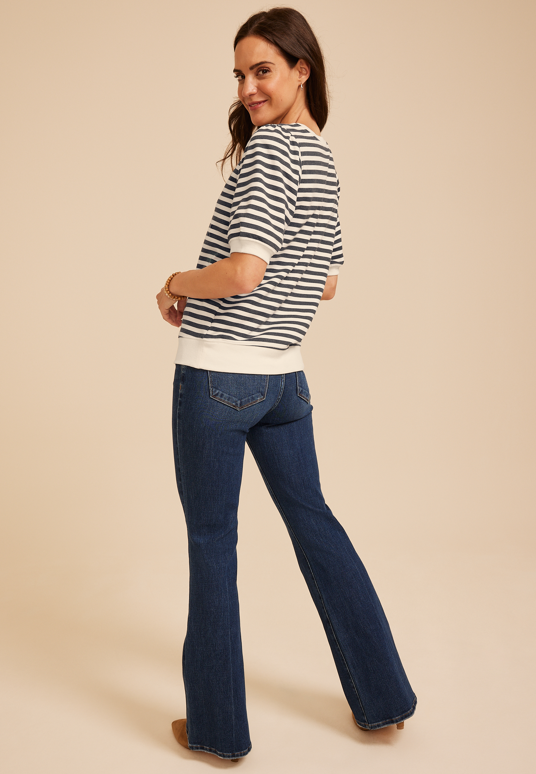 French Terry Striped Puff Sleeve Top, C1769, large