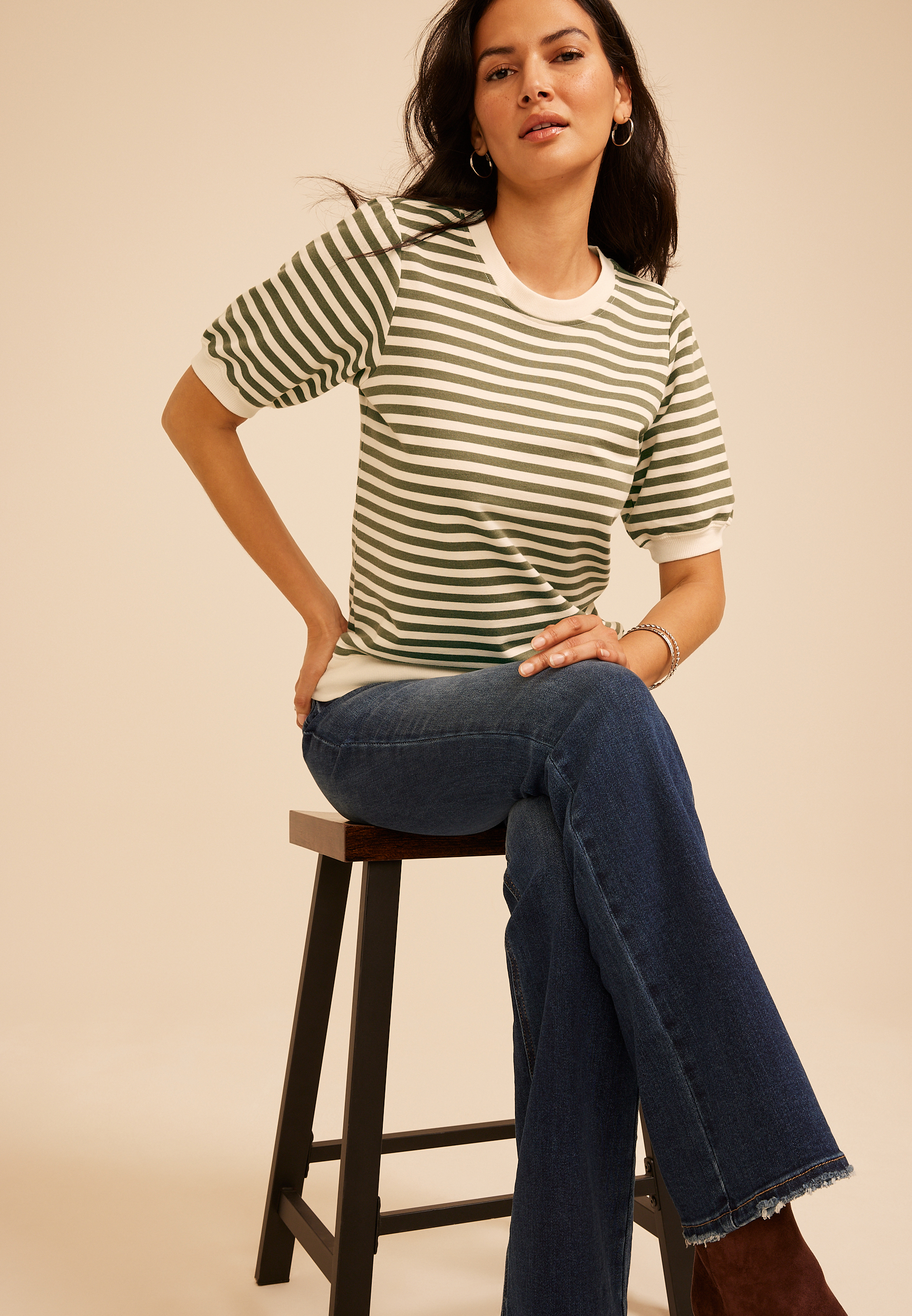 French Terry Striped Puff Sleeve Top
