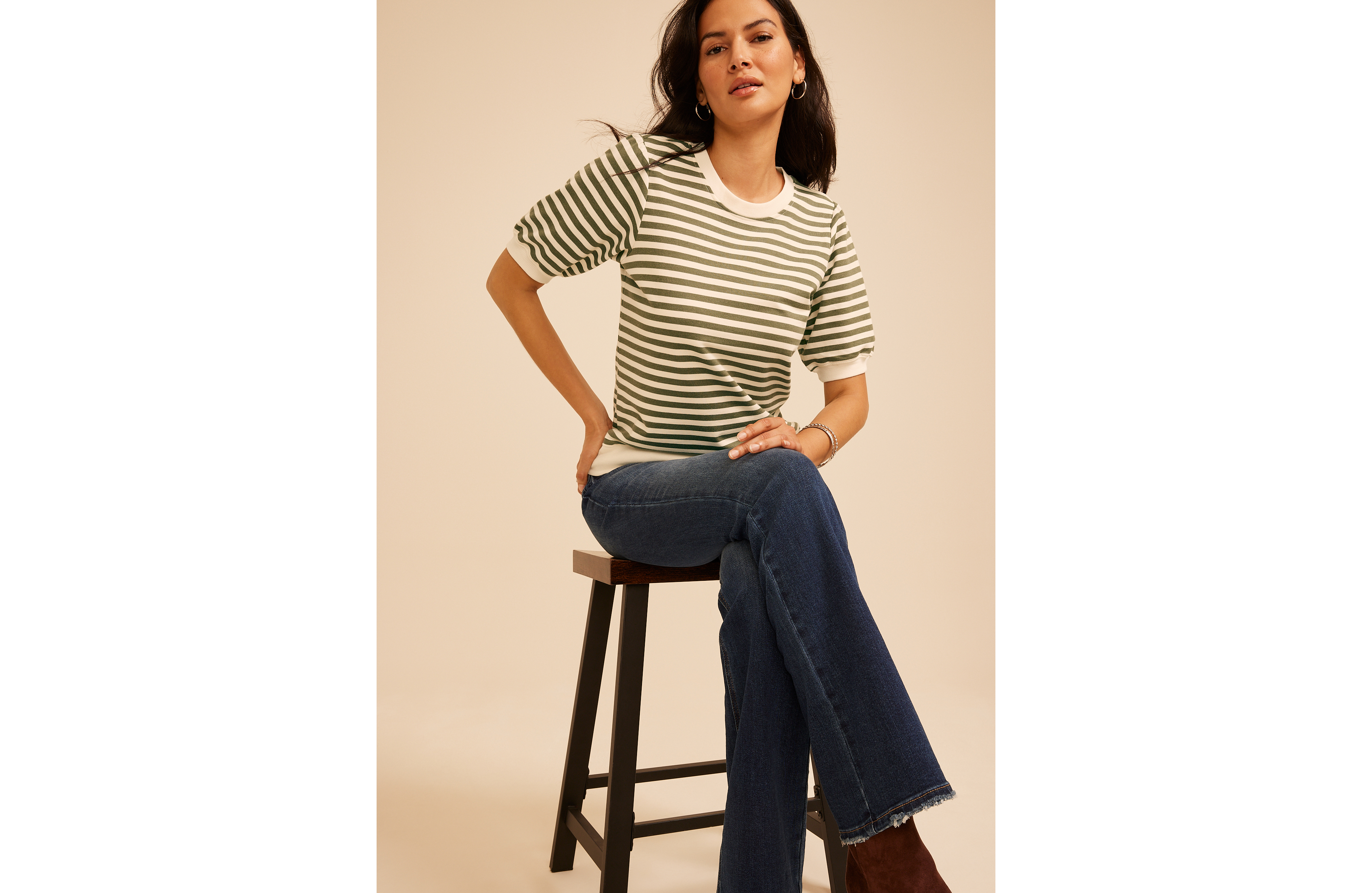French Terry Striped Puff Sleeve Top