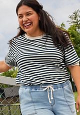 Plus Size French Terry Striped Puff Sleeve Top, C1769, small