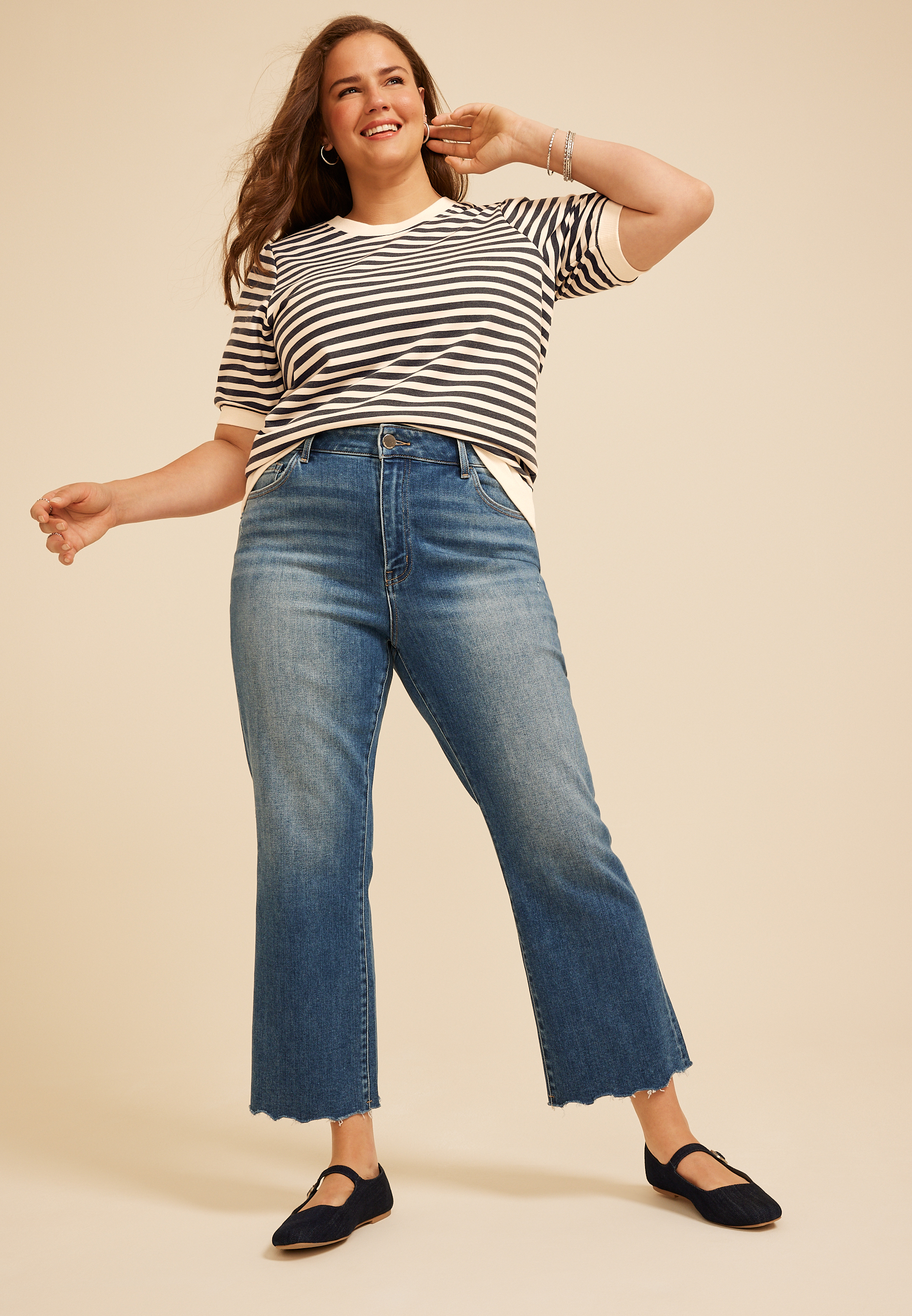 Plus Size French Terry Striped Puff Sleeve Top, C1769, large