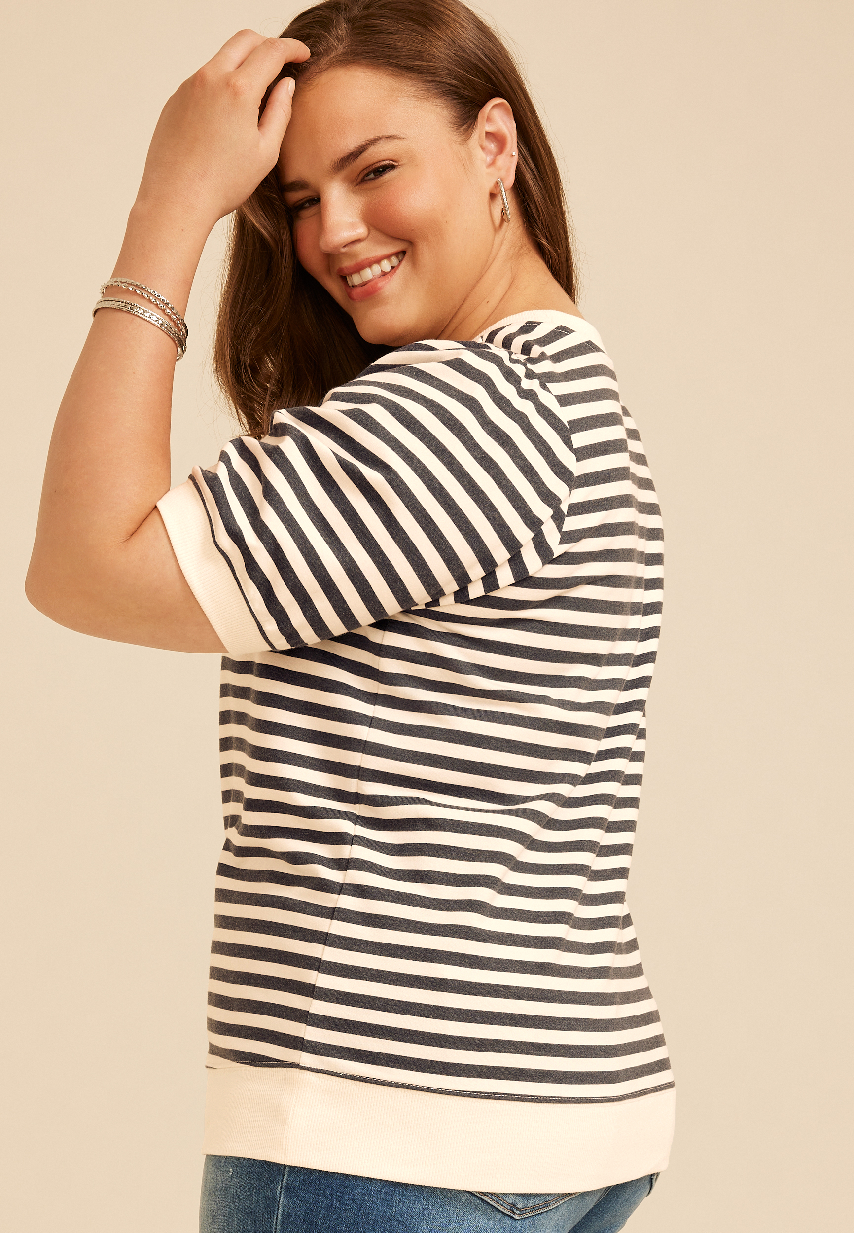 Plus Size French Terry Striped Puff Sleeve Top, C1769, large