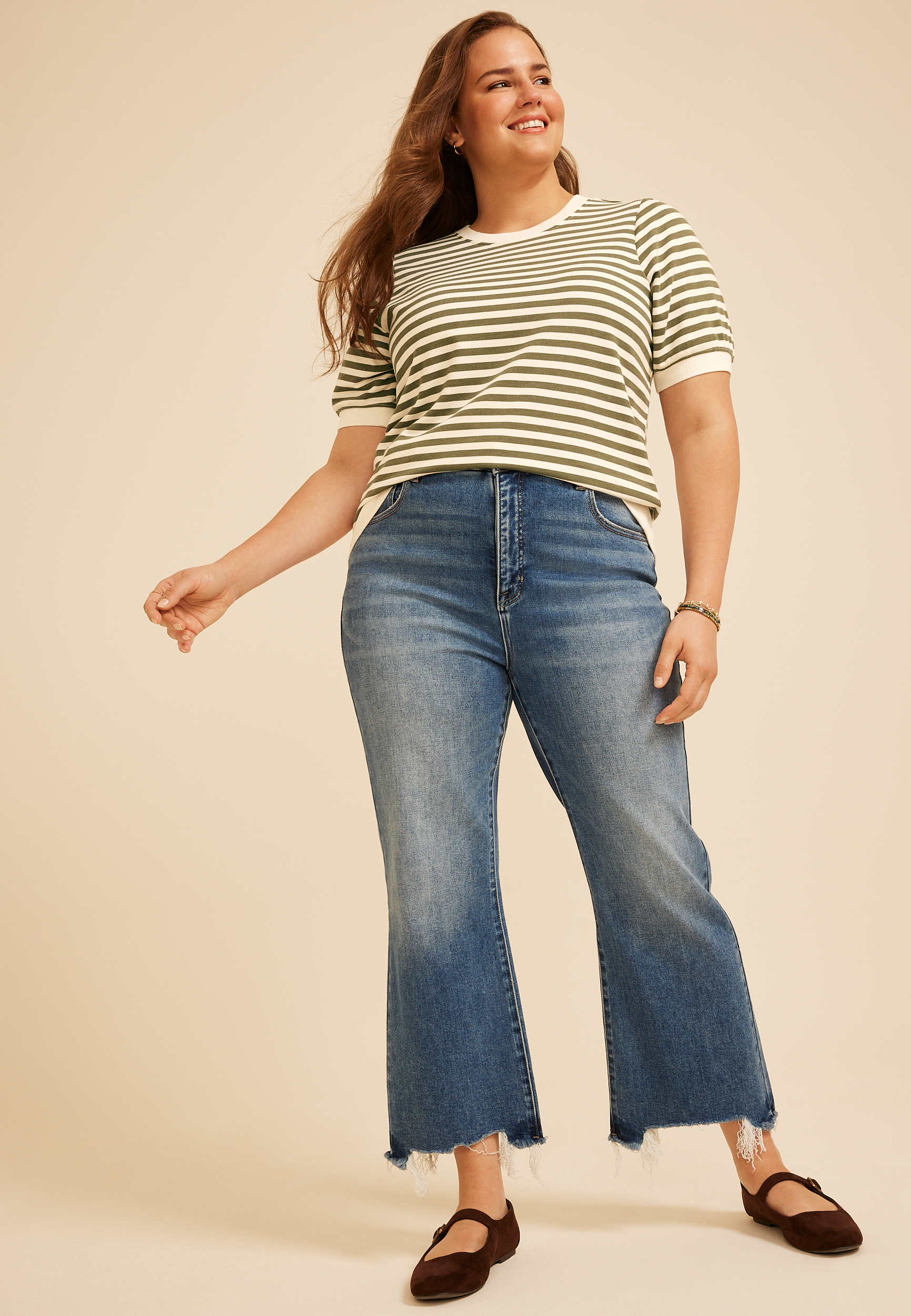 Plus Size French Terry Striped Puff Sleeve Top