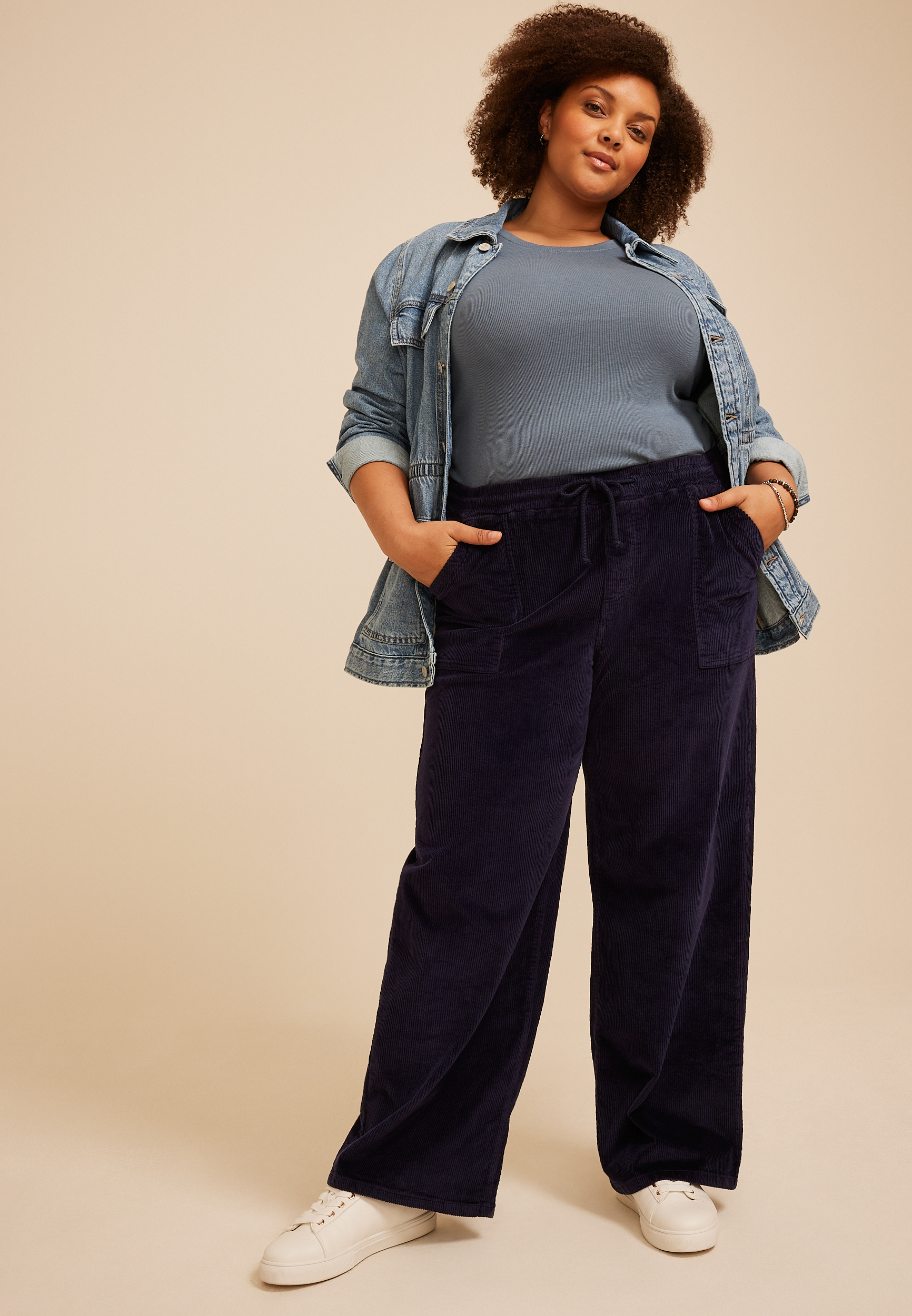 Plus Size Stretch Corduroy Pull On Wide Leg Pant, C1378, large