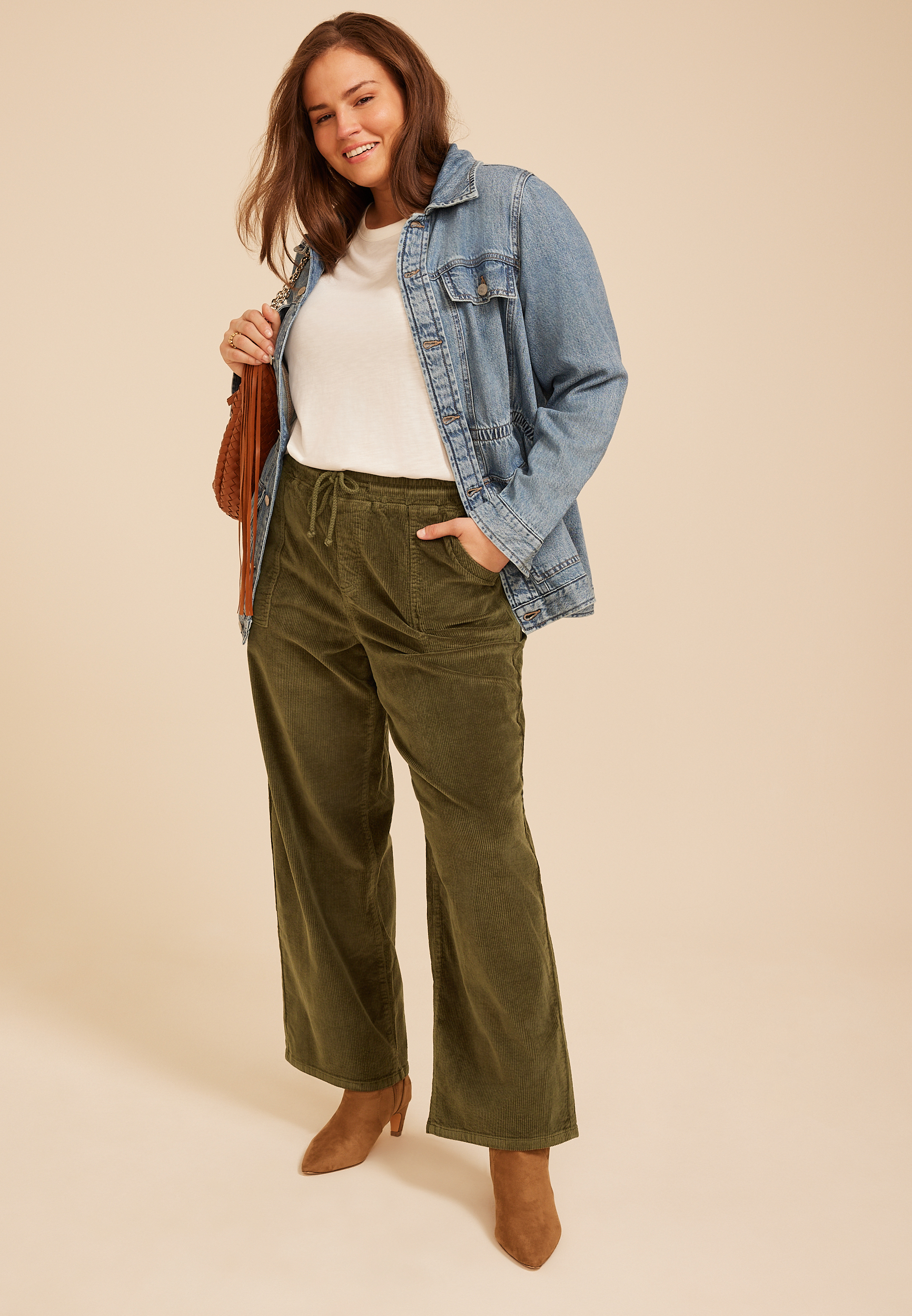 Plus Size Stretch Corduroy Pull On Wide Leg Pant