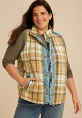Plus Size Mixed Plaid Chambray Quilted Vest, C5306, small
