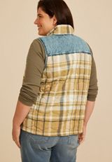 Plus Size Mixed Plaid Chambray Quilted Vest, C5306, small