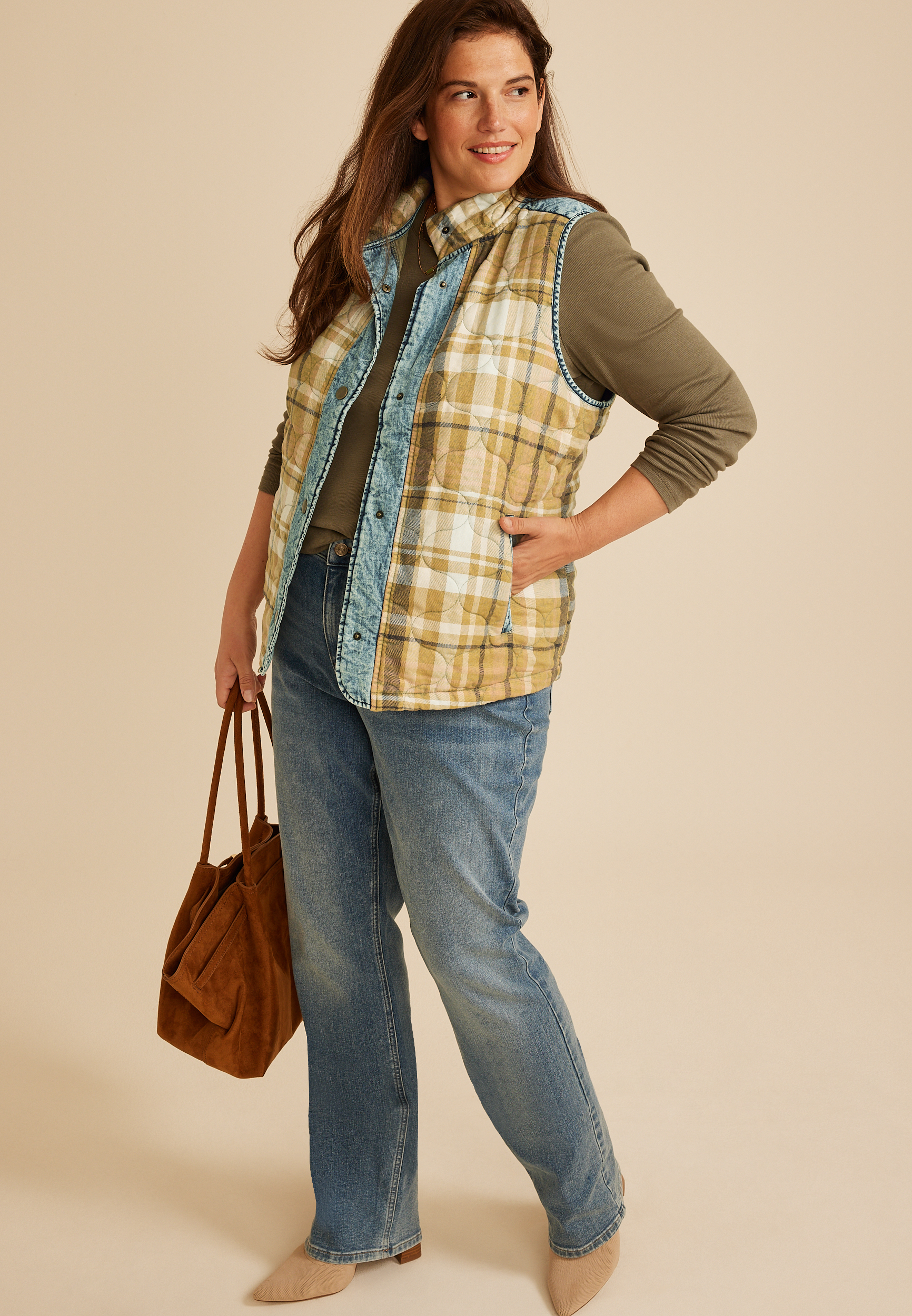 Plus Size Mixed Plaid Chambray Quilted Vest, C5306, large